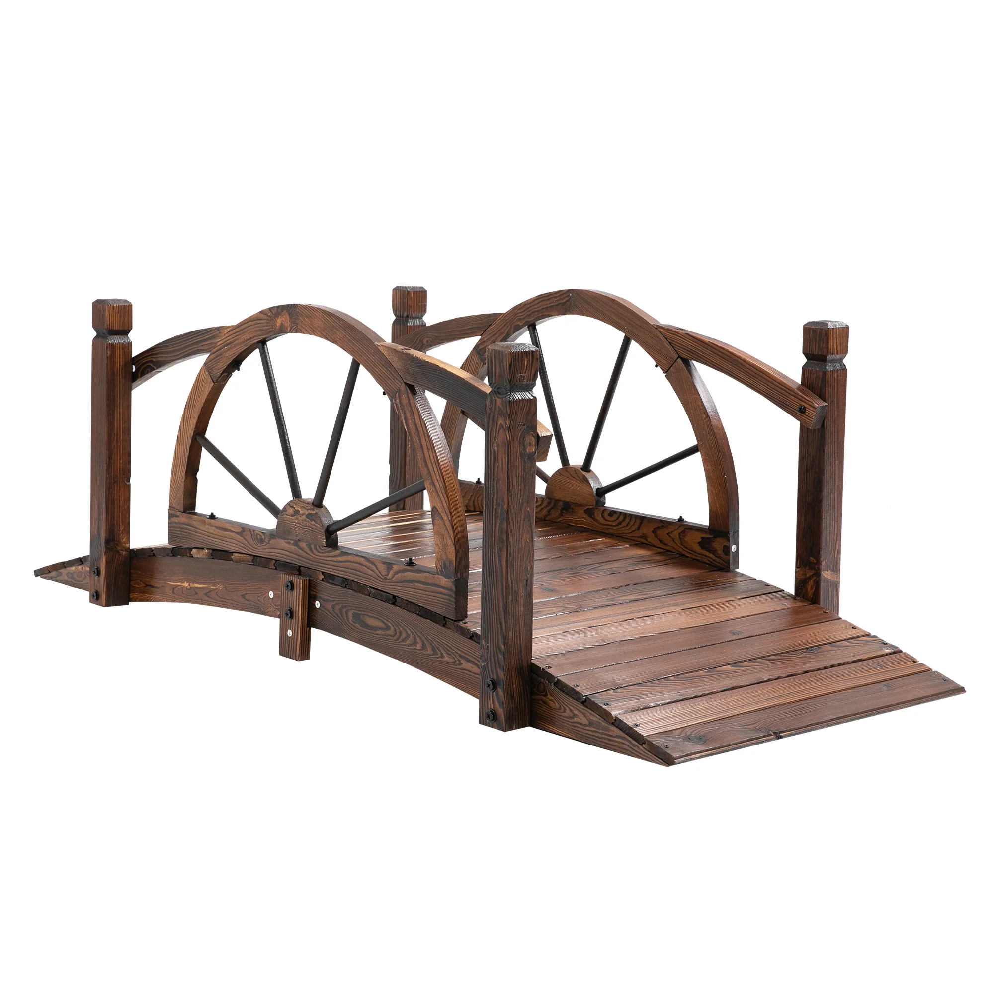 1.5M Wooden Garden Bridge, Decorative Arc Footbridge with Safety Guardrail for Backyard, Stained Wood - Image 12