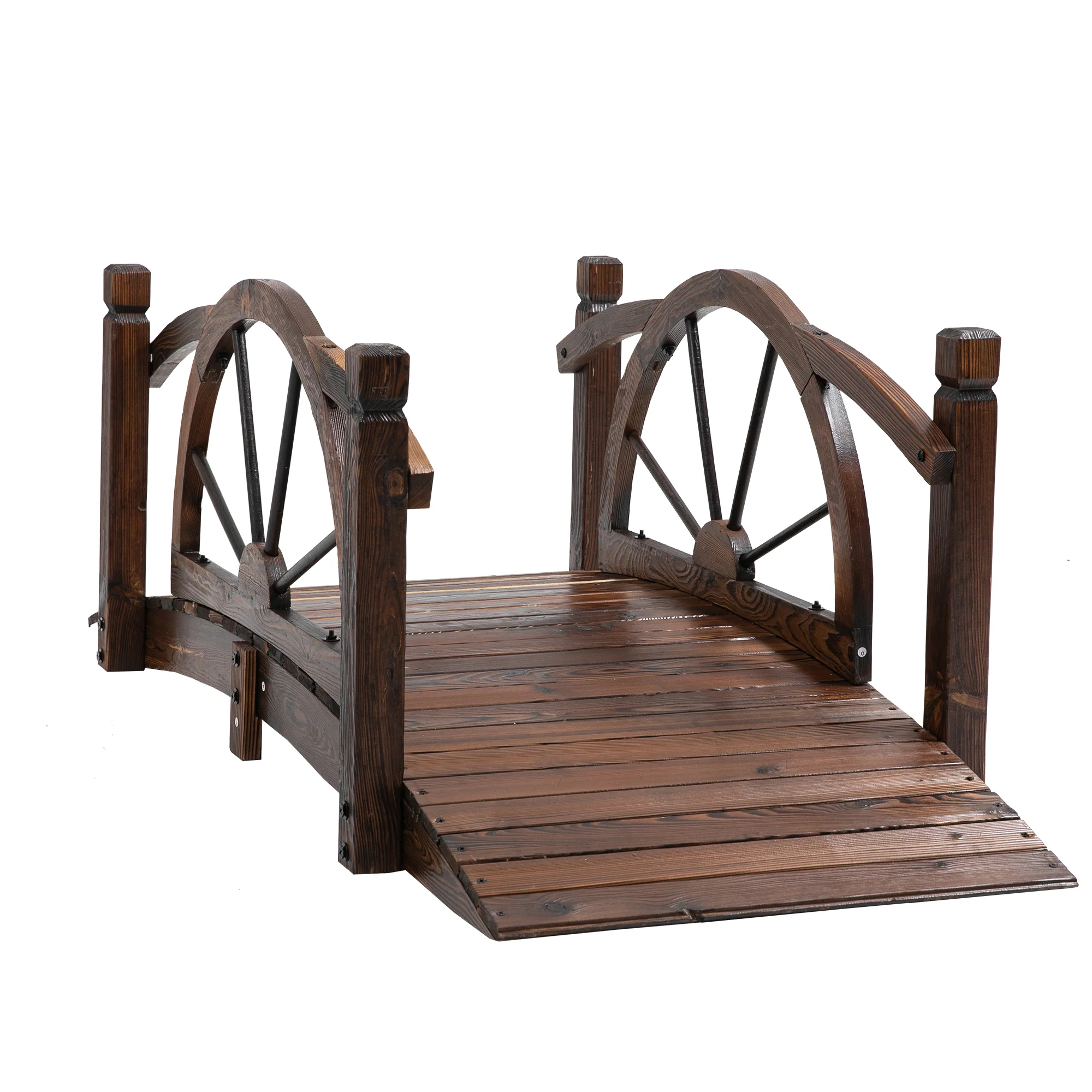 1.5M Wooden Garden Bridge, Decorative Arc Footbridge with Safety Guardrail for Backyard, Stained Wood - Image 2