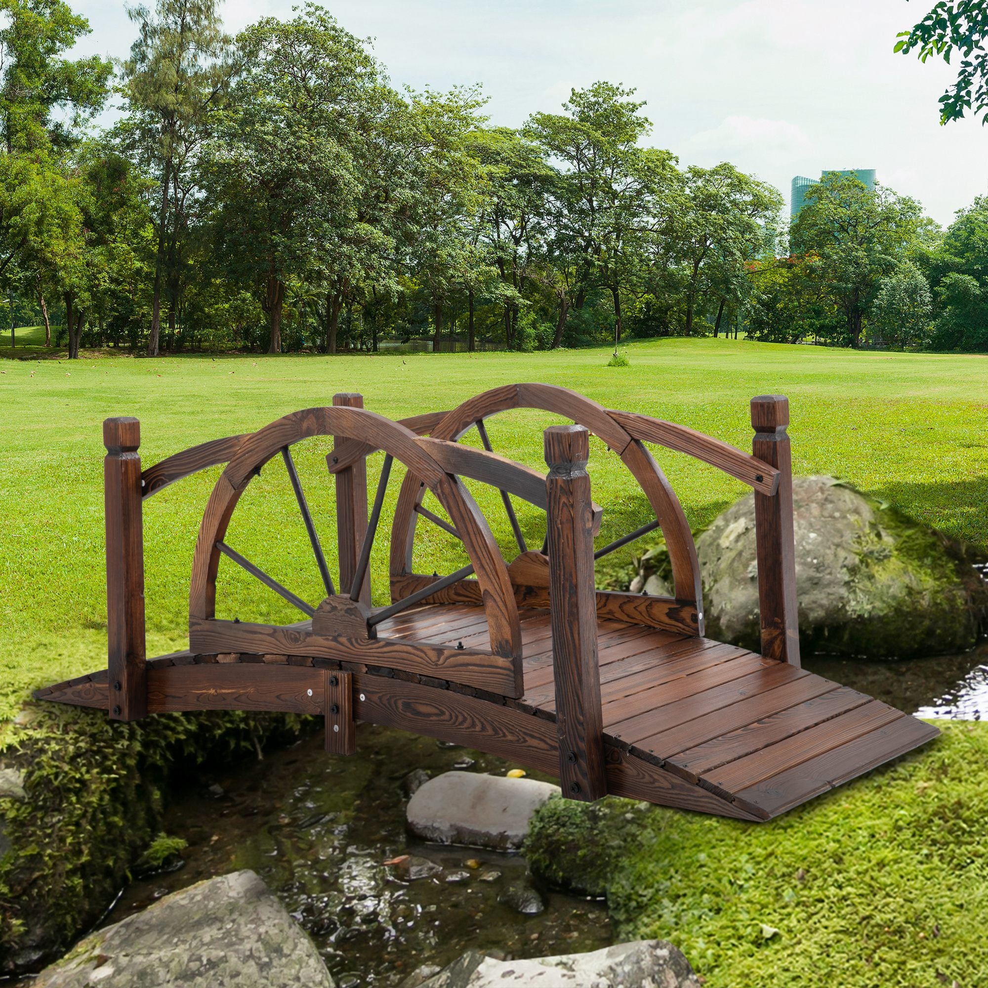 1.5M Wooden Garden Bridge, Decorative Arc Footbridge with Safety Guardrail for Backyard, Stained Wood - Image 4