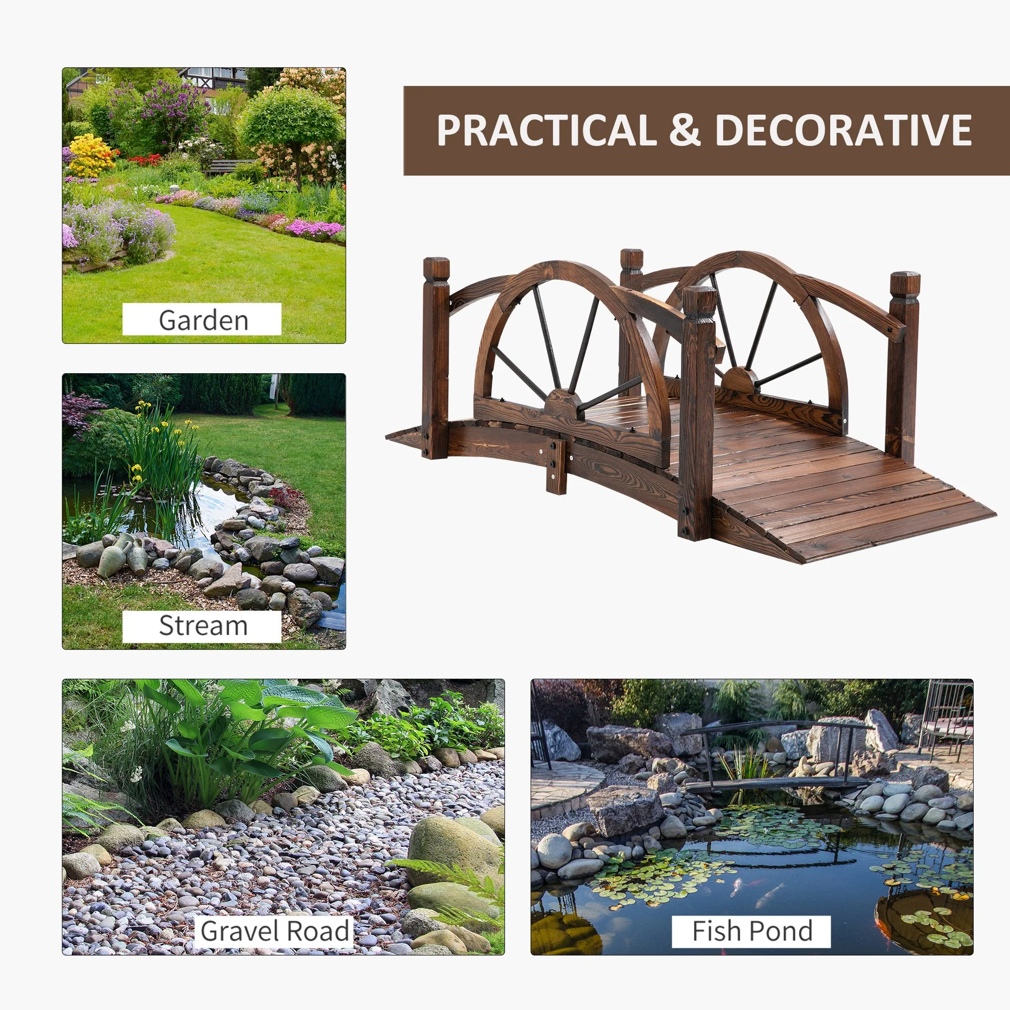 1.5M Wooden Garden Bridge, Decorative Arc Footbridge with Safety Guardrail for Backyard, Stained Wood - Image 8