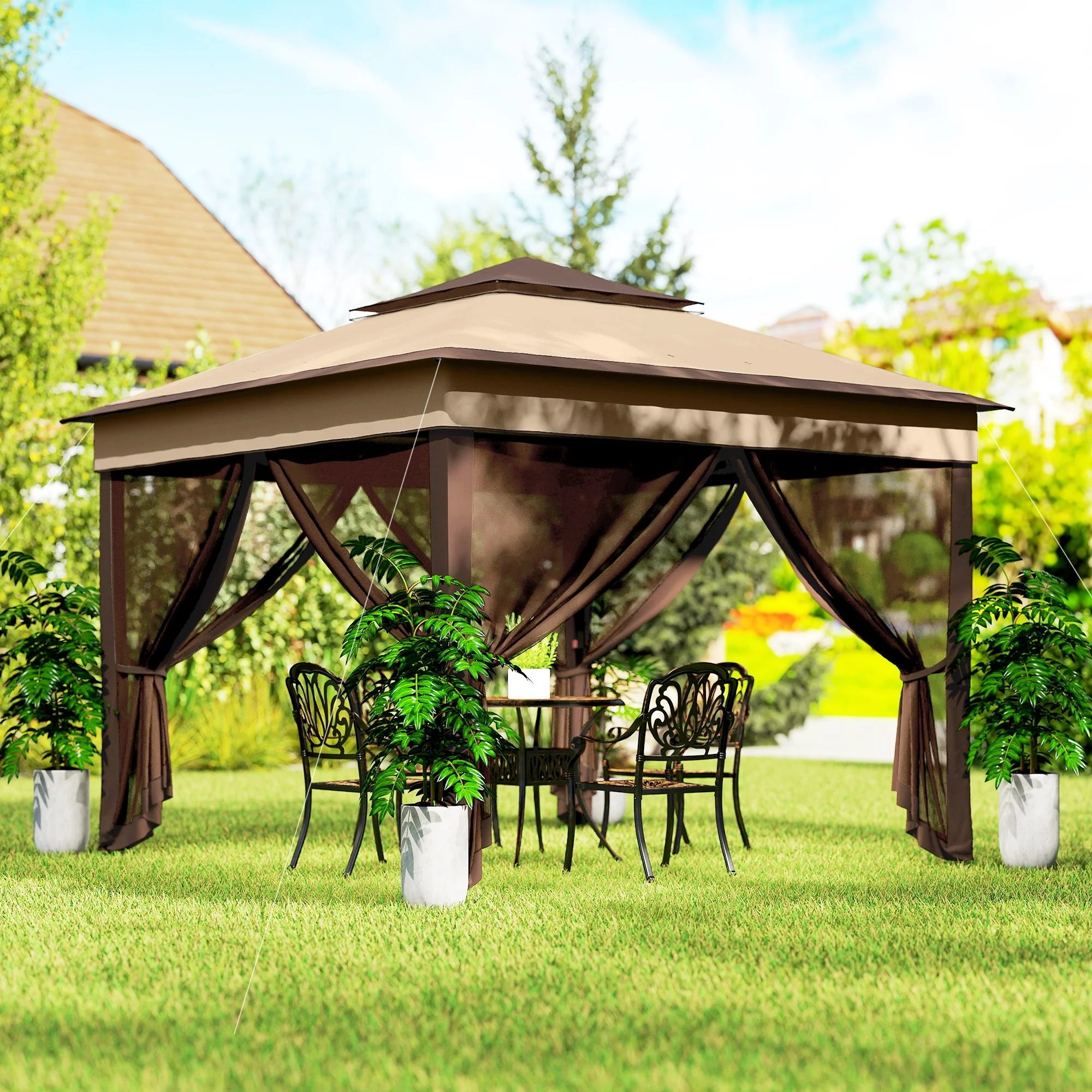 10.7 x 10.7ft Pop-Up Gazebo with Removable Mesh Curtains and UV30 Roof, Beige - Image 4