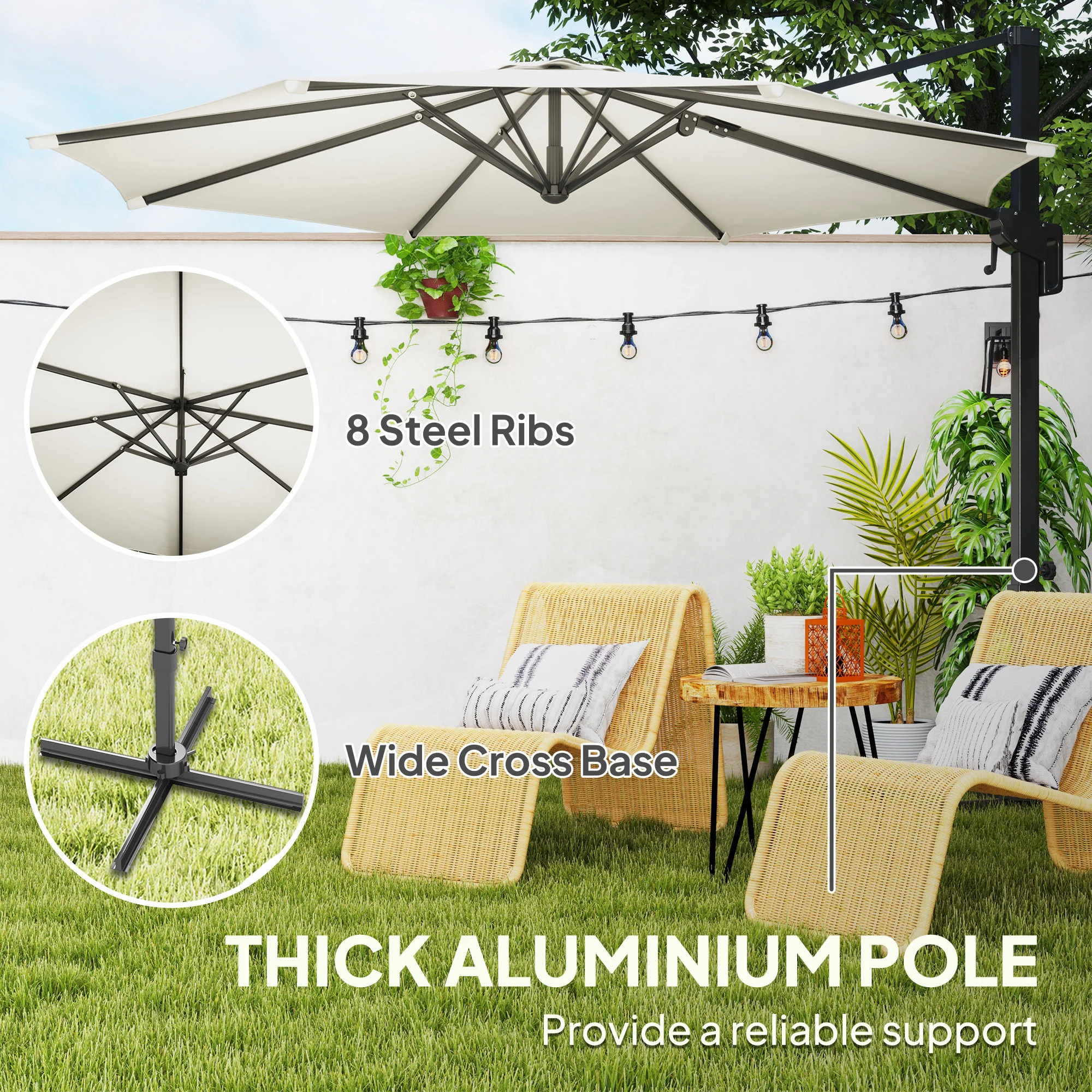 10' Cantilever Patio Umbrella with 360° Rotation & Tilt, Cream White - Image 8