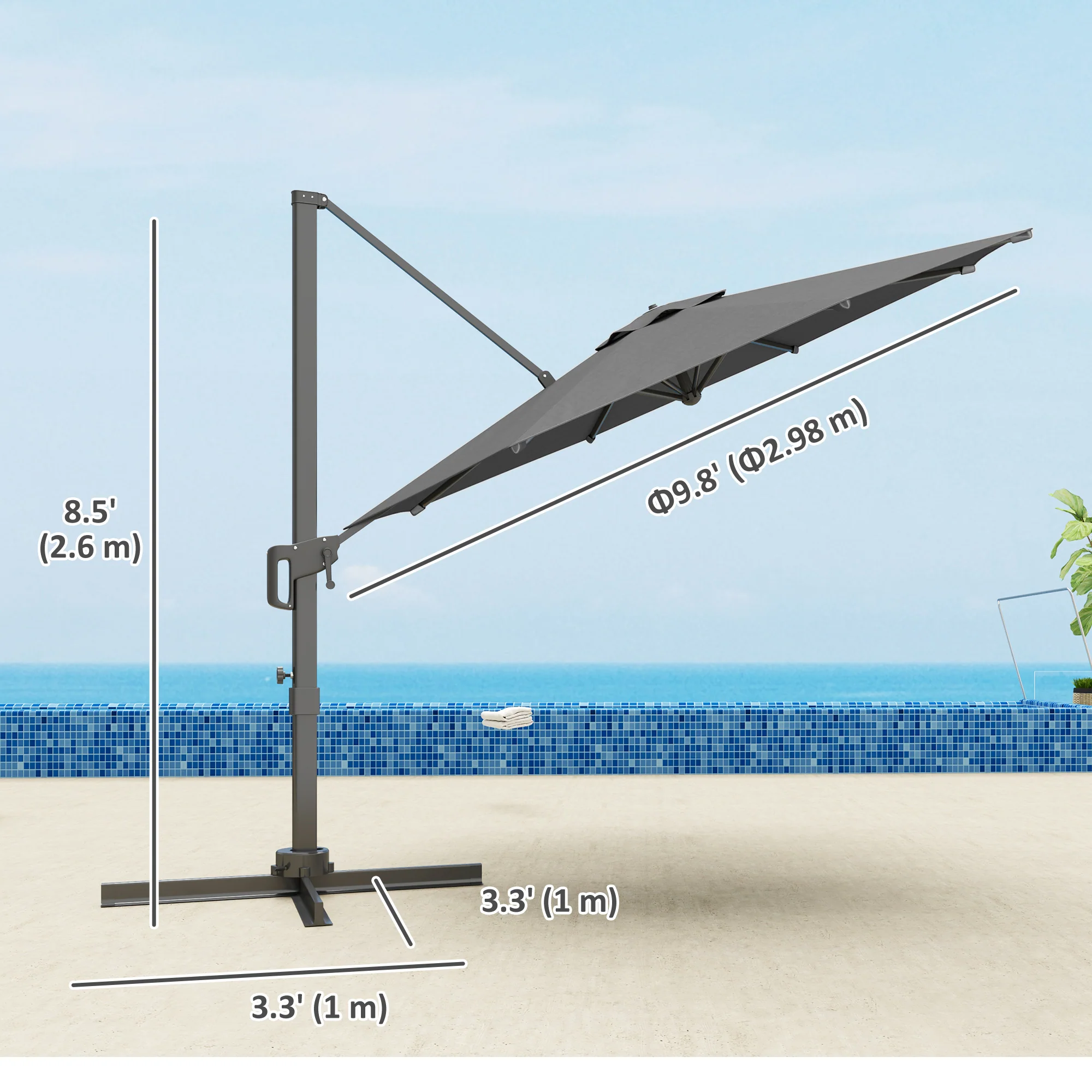 10' Cantilever Patio Umbrella with 360¡ã Rotation & Tilt, Grey - Image 5