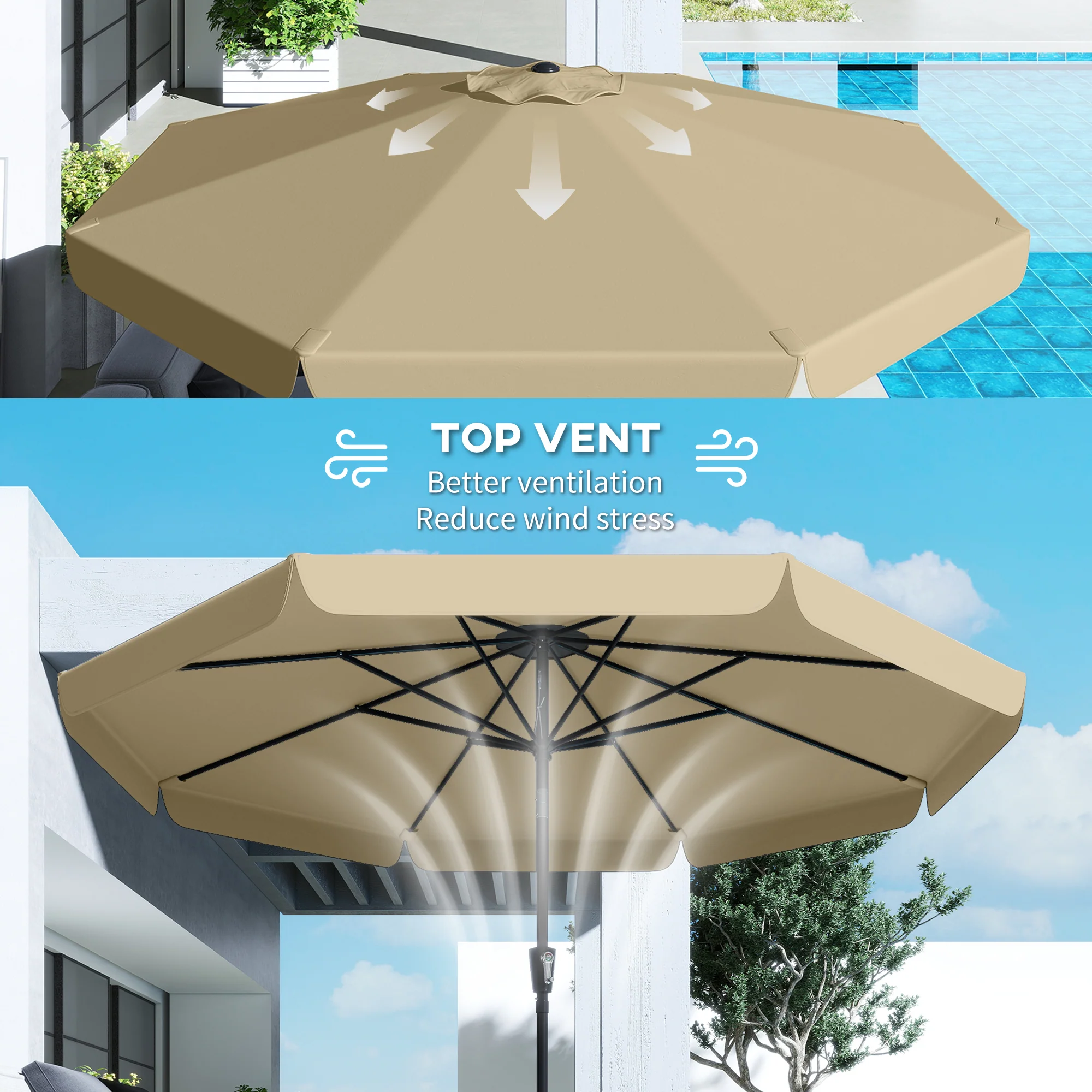 10ft Patio Umbrella with Push Button Tilt and Crank, Khaki - Image 10