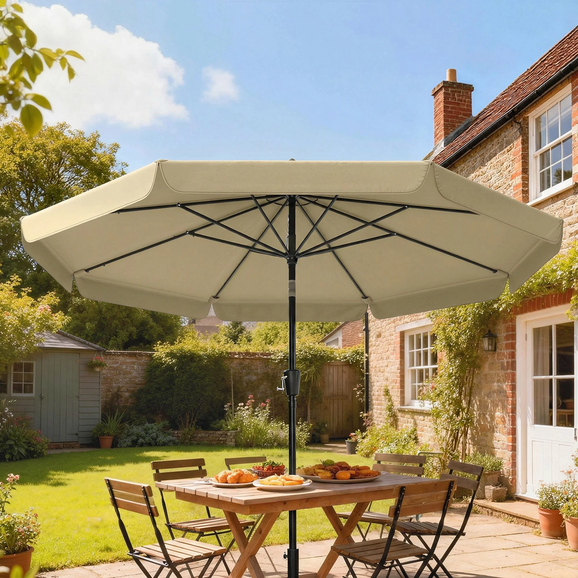 10ft Patio Umbrella with Push Button Tilt and Crank, Khaki - Image 3