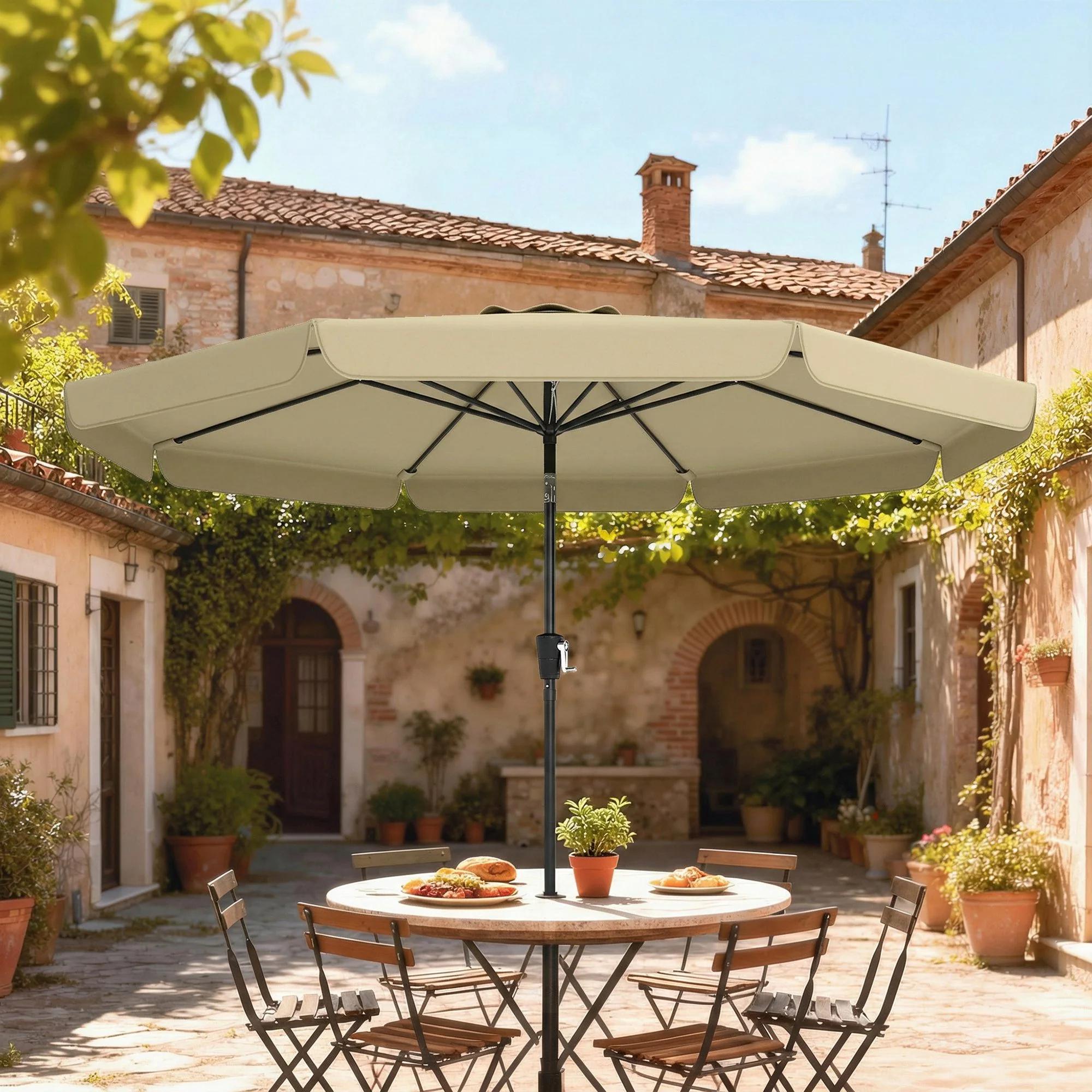 10ft Patio Umbrella with Push Button Tilt and Crank, Khaki - Image 4