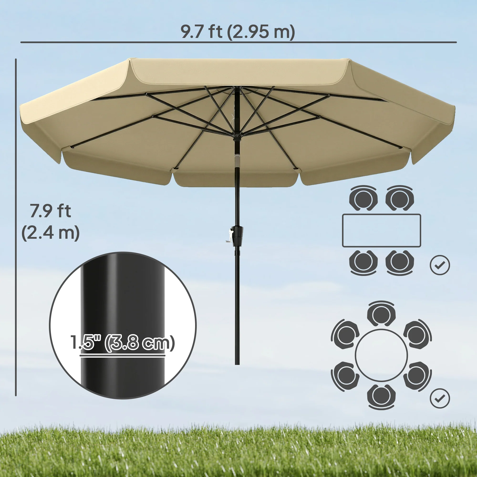 10ft Patio Umbrella with Push Button Tilt and Crank, Khaki - Image 5