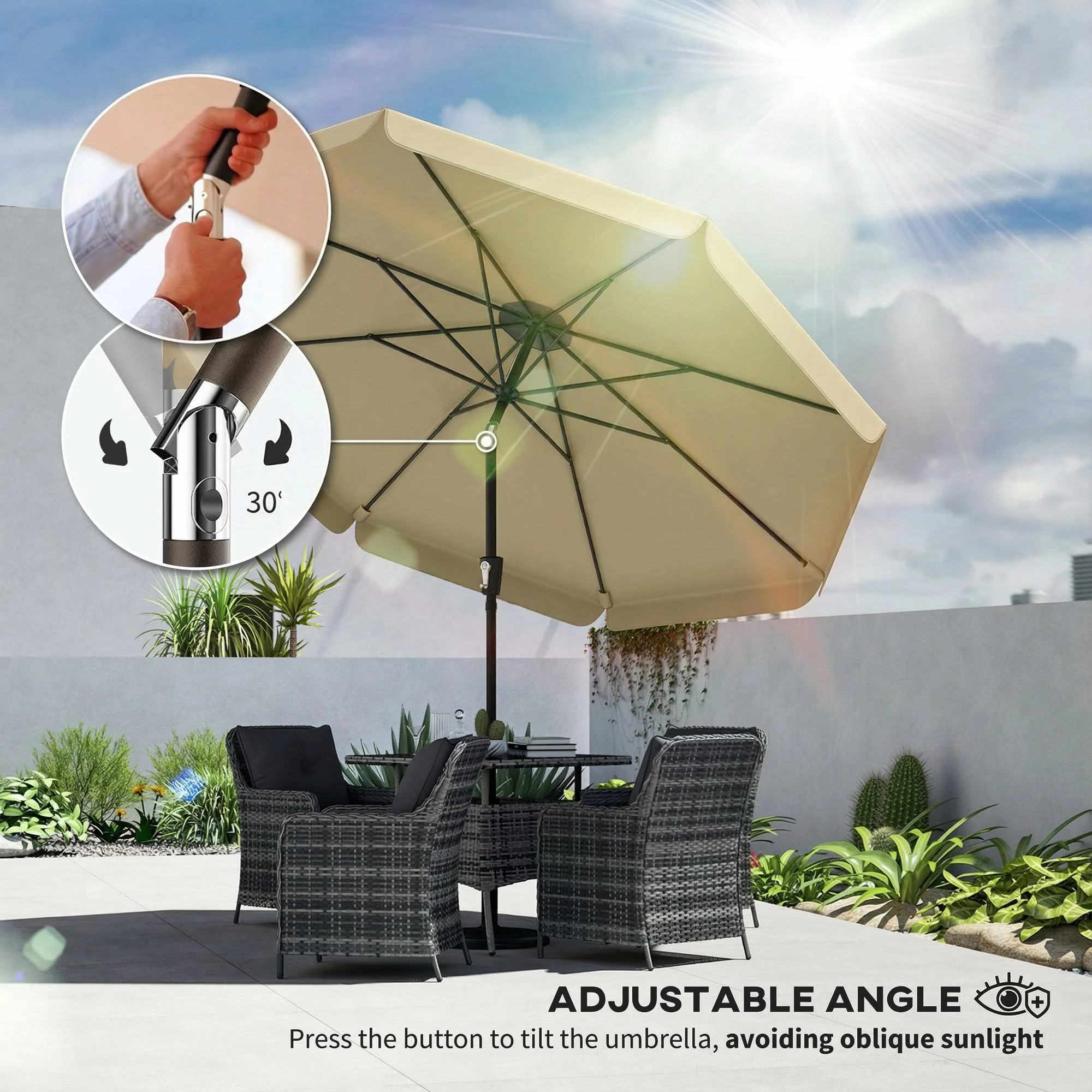 10ft Patio Umbrella with Push Button Tilt and Crank, Khaki - Image 6