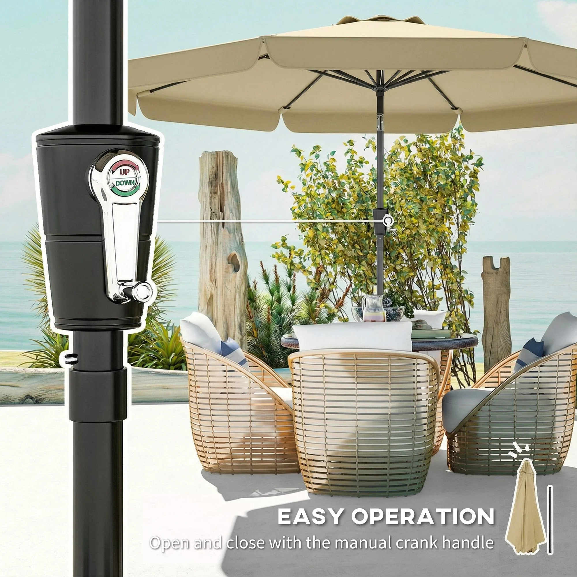 10ft Patio Umbrella with Push Button Tilt and Crank, Khaki - Image 7