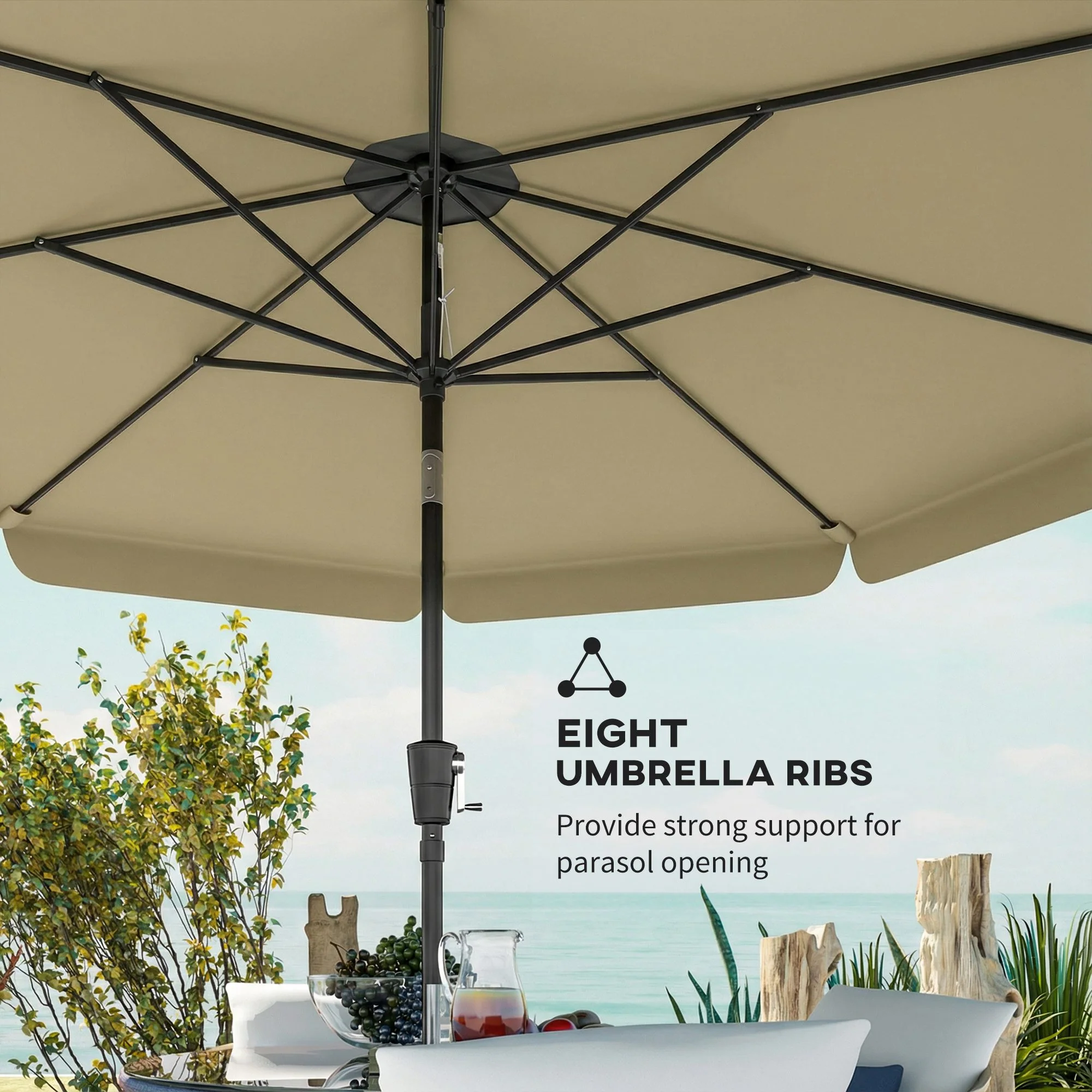 10ft Patio Umbrella with Push Button Tilt and Crank, Khaki - Image 9