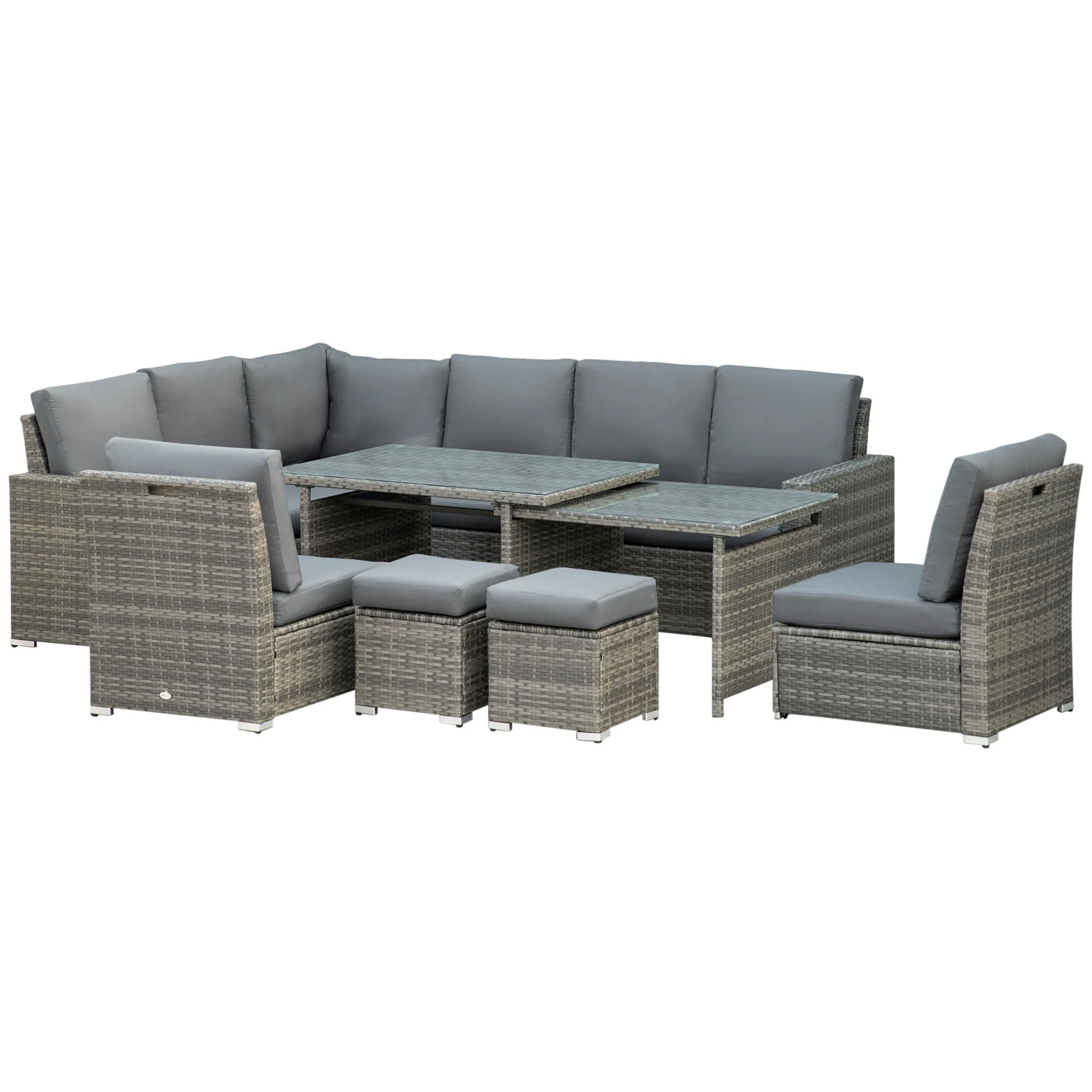 10 Seater Rattan Corner Sofa Set with Expandable Table and Nesting Chairs, Grey