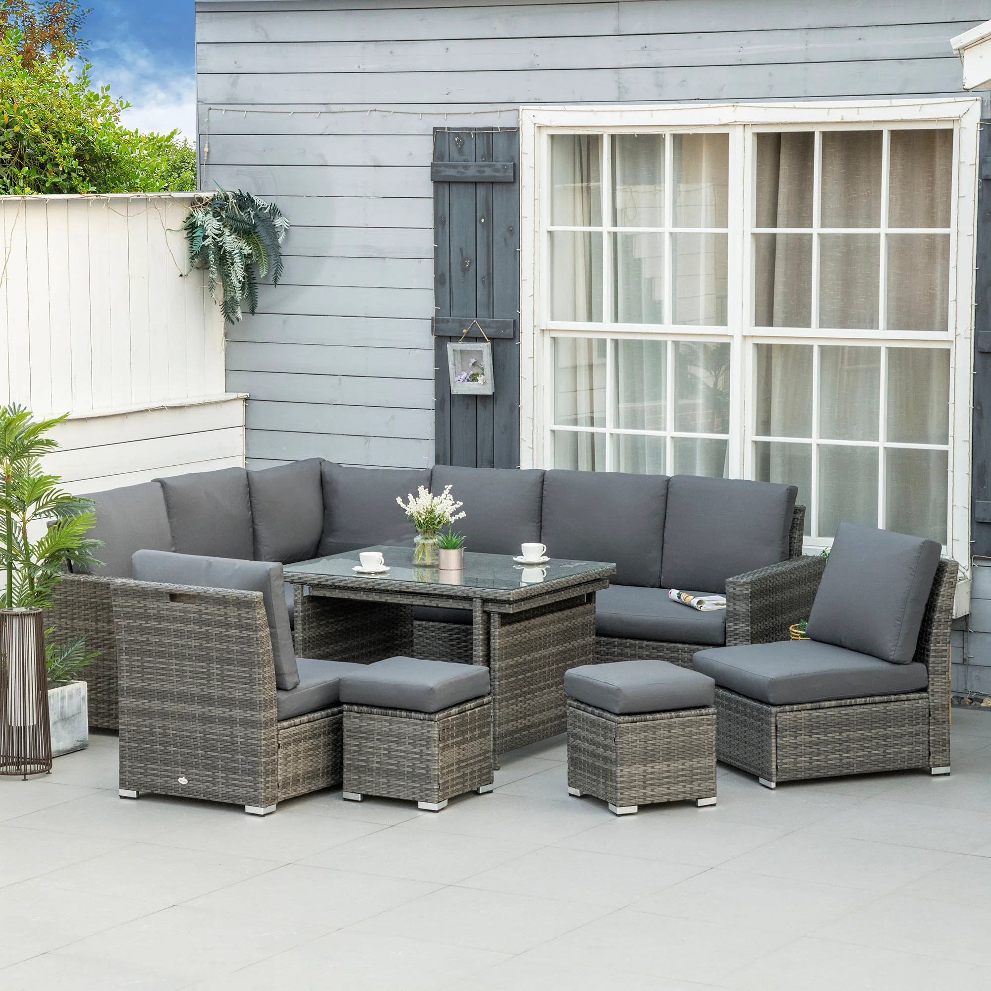 10 Seater Rattan Corner Sofa Set with Expandable Table and Nesting Chairs, Grey - Image 3