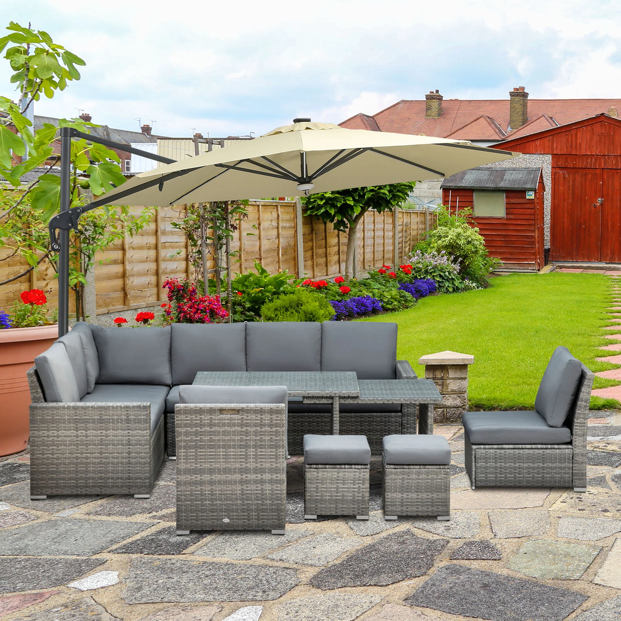10 Seater Rattan Corner Sofa Set with Expandable Table and Nesting Chairs, Grey - Image 4