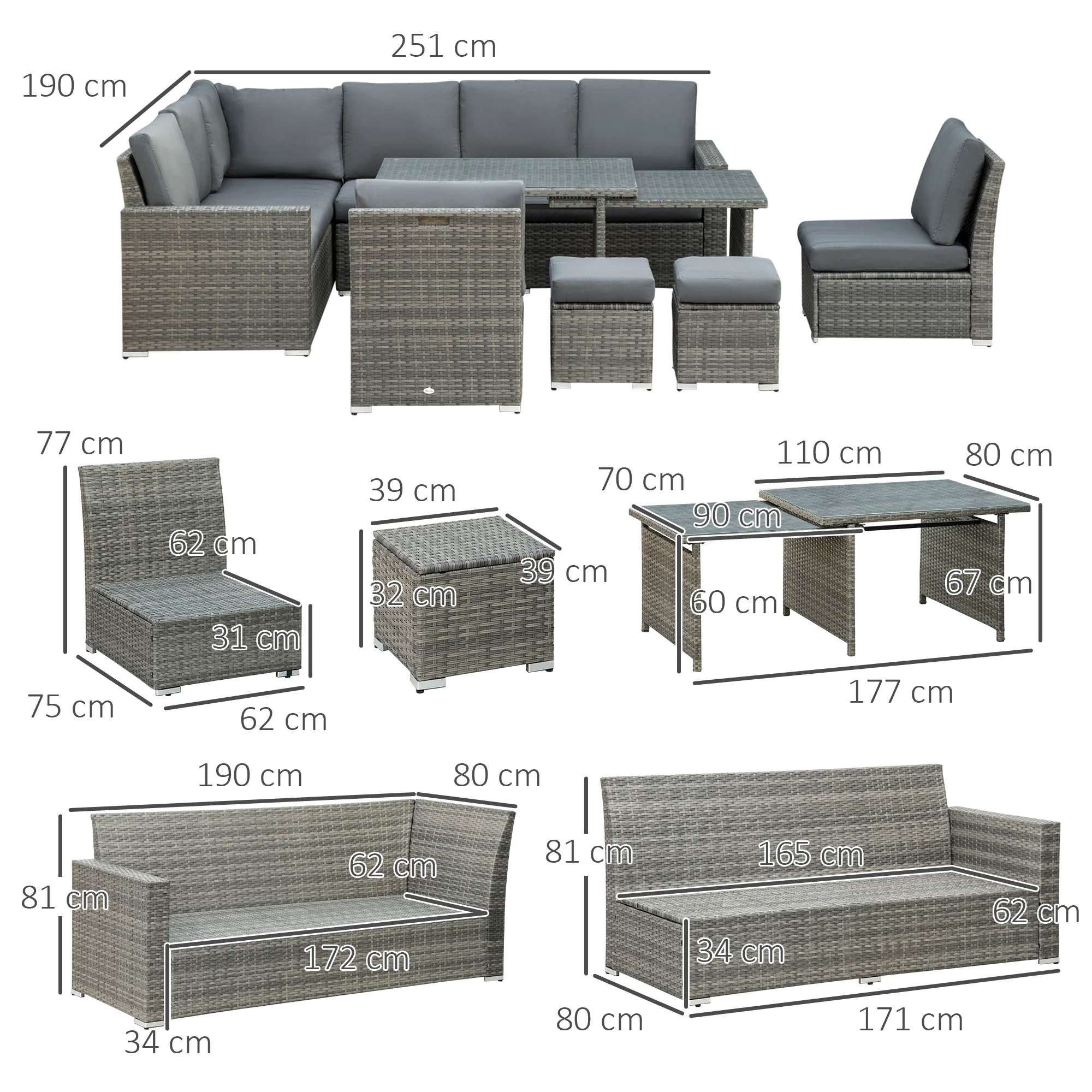 10 Seater Rattan Corner Sofa Set with Expandable Table and Nesting Chairs, Grey - Image 5