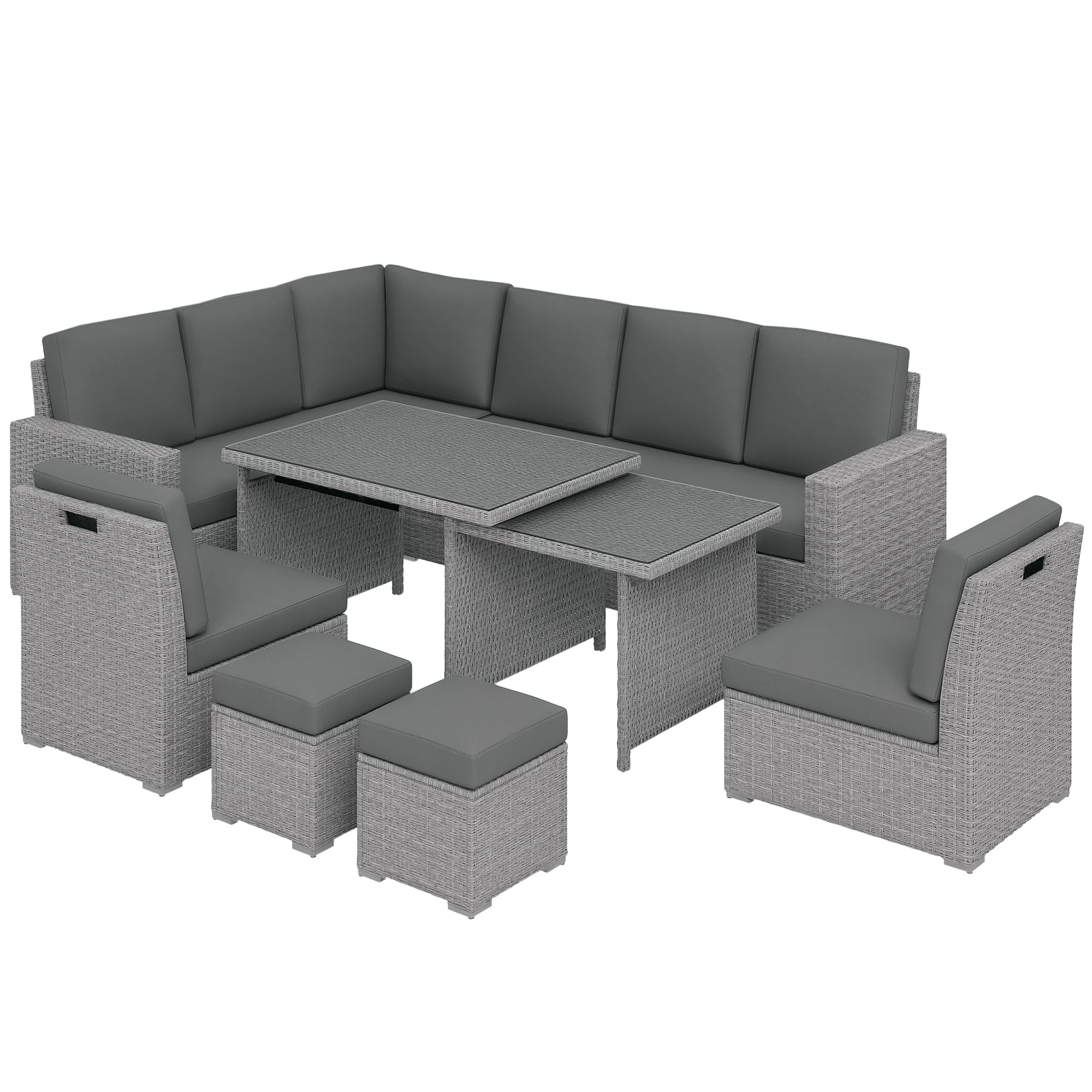 10 Seater Rattan Corner Sofa Set with Expandable Table and Nesting Chairs, Light Grey