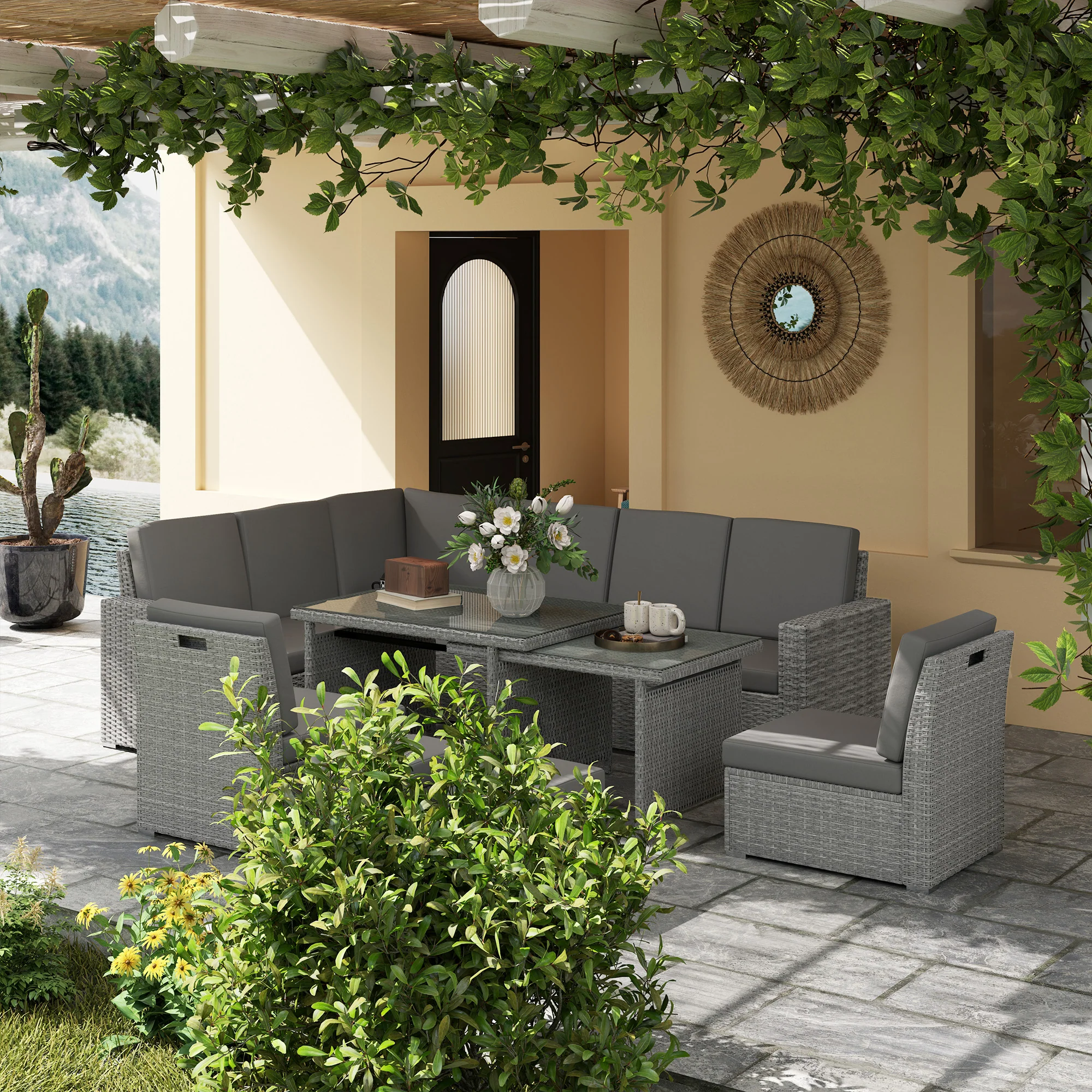 10 Seater Rattan Corner Sofa Set with Expandable Table and Nesting Chairs, Light Grey - Image 10