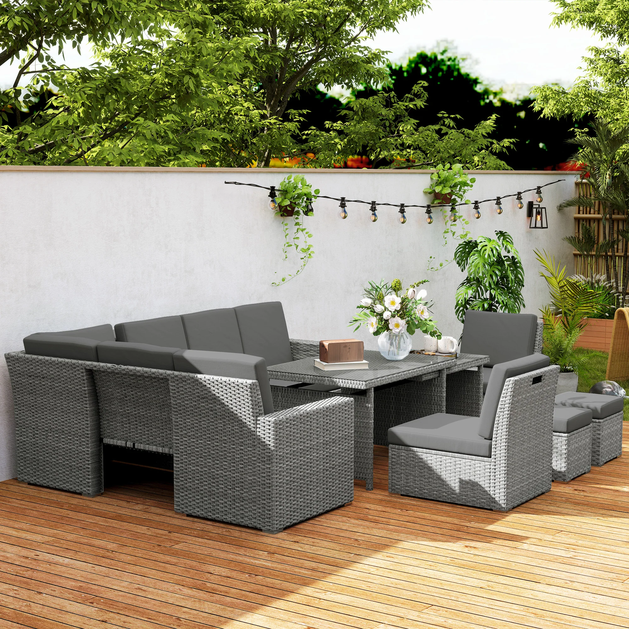 10 Seater Rattan Corner Sofa Set with Expandable Table and Nesting Chairs, Light Grey - Image 11