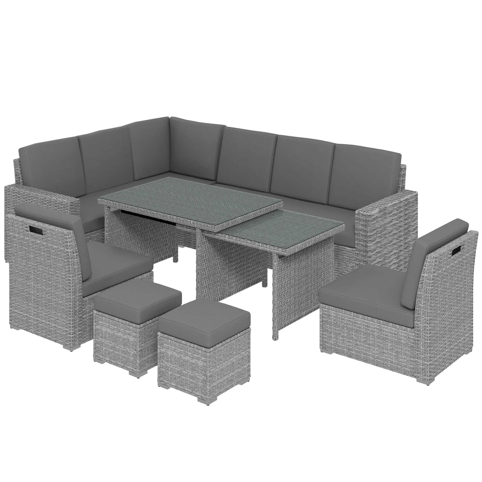 10 Seater Rattan Corner Sofa Set with Expandable Table and Nesting Chairs, Light Grey - Image 12