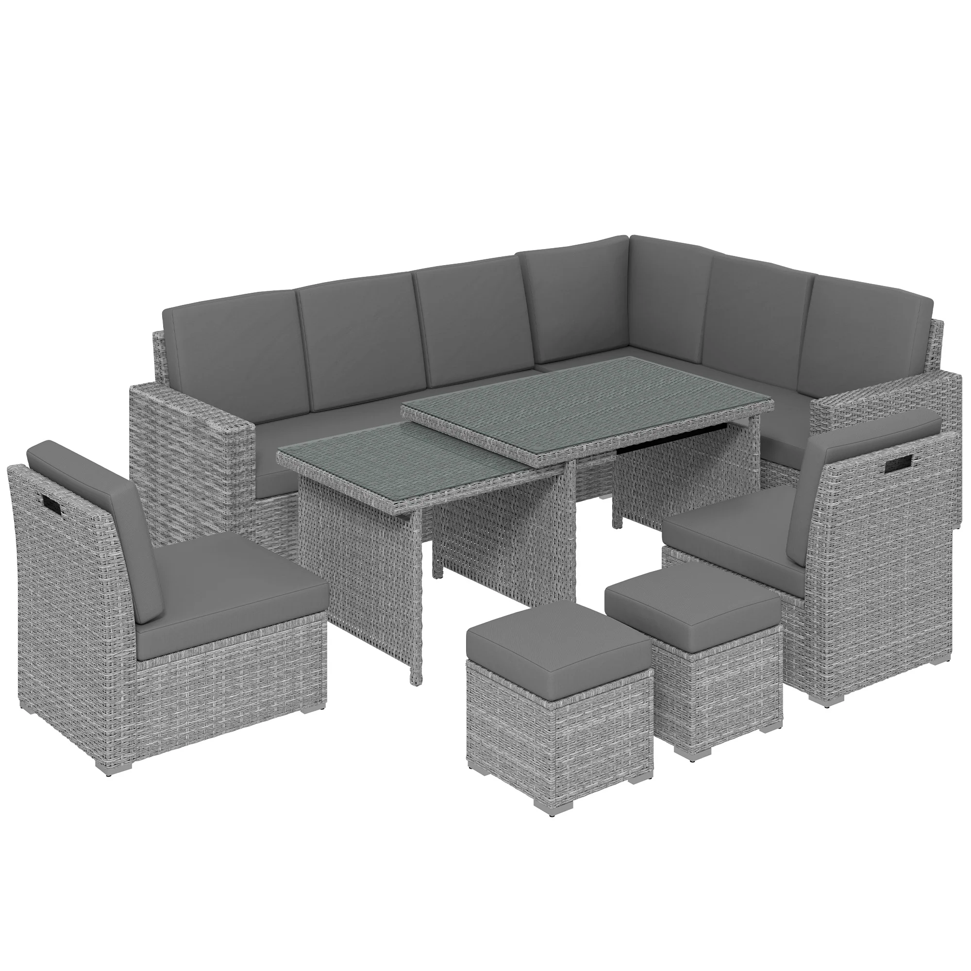 10 Seater Rattan Corner Sofa Set with Expandable Table and Nesting Chairs, Light Grey - Image 2