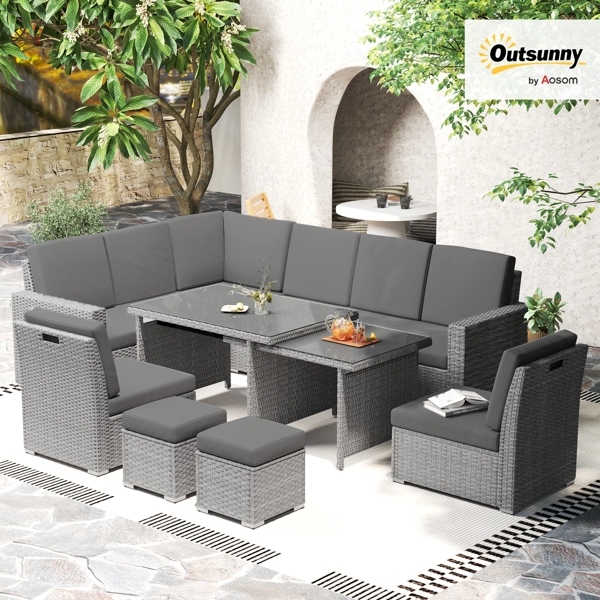 10 Seater Rattan Corner Sofa Set with Expandable Table and Nesting Chairs, Light Grey - Image 3