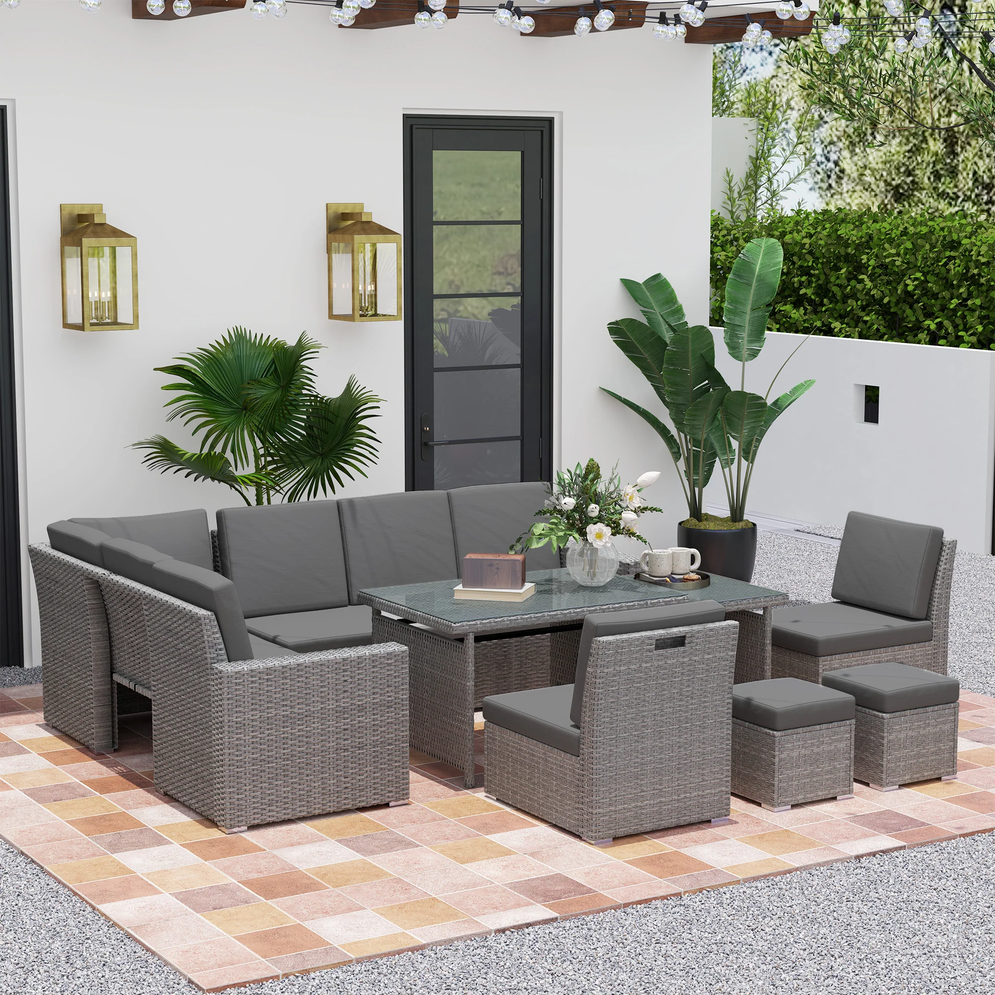 10 Seater Rattan Corner Sofa Set with Expandable Table and Nesting Chairs, Light Grey - Image 4