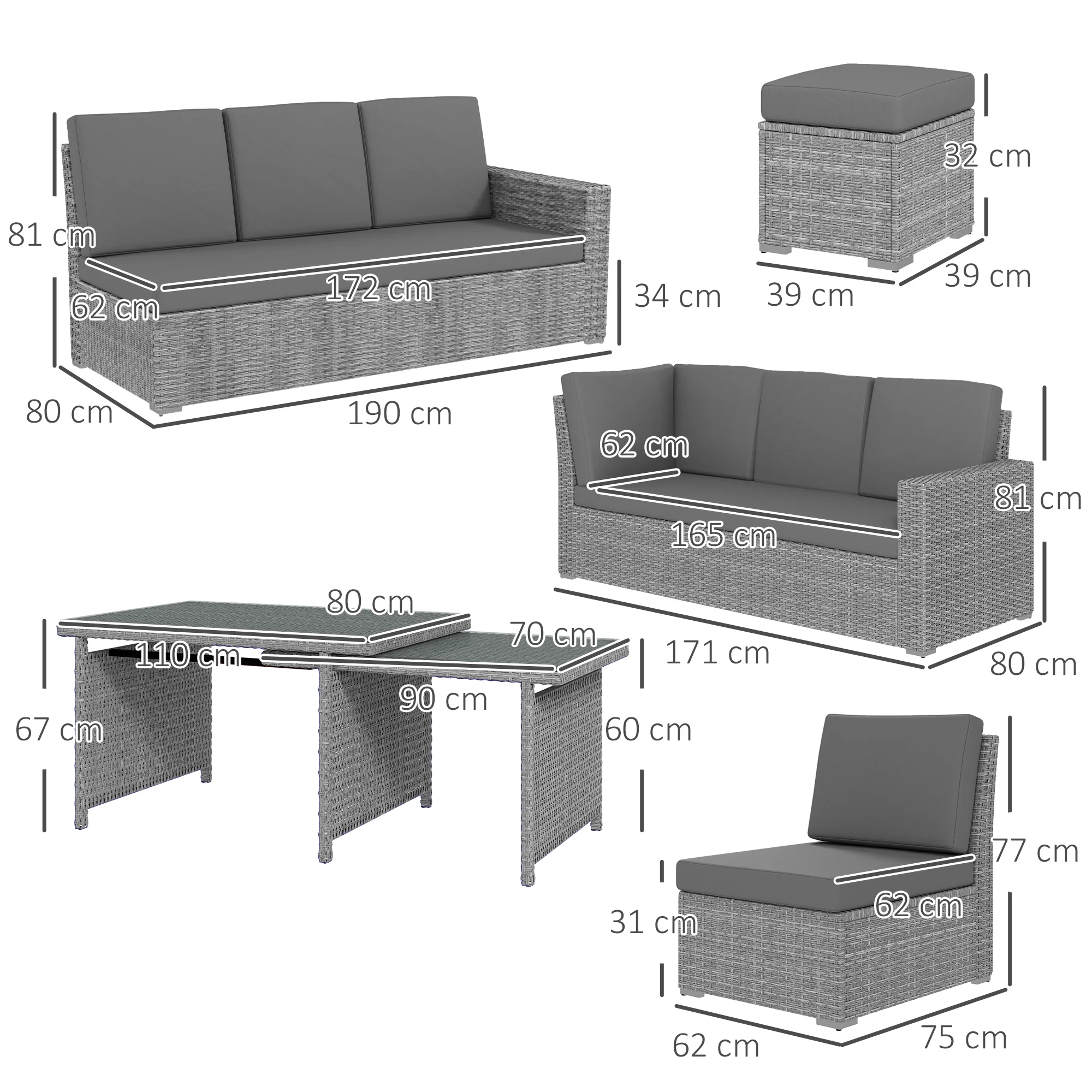 10 Seater Rattan Corner Sofa Set with Expandable Table and Nesting Chairs, Light Grey - Image 5