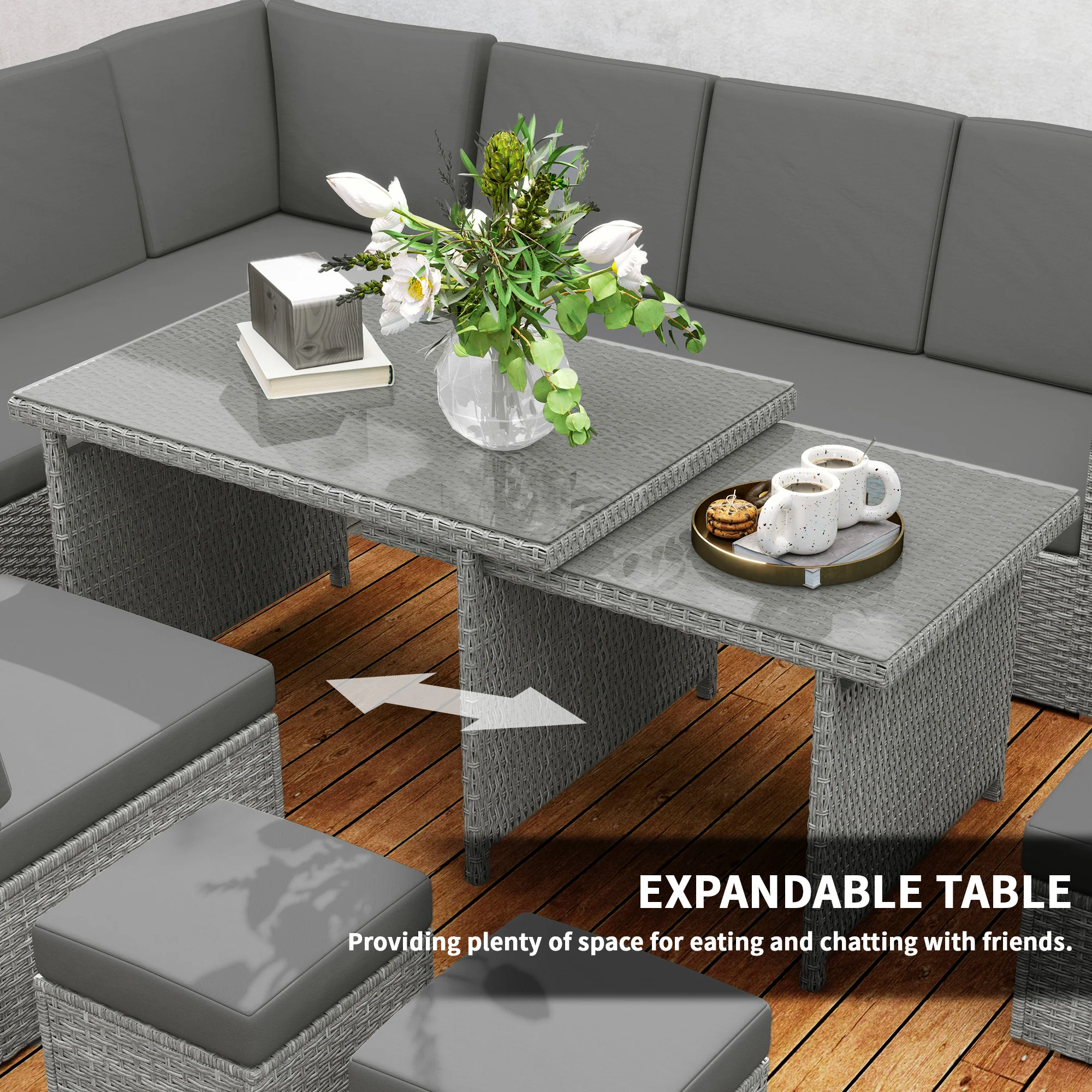 10 Seater Rattan Corner Sofa Set with Expandable Table and Nesting Chairs, Light Grey - Image 6