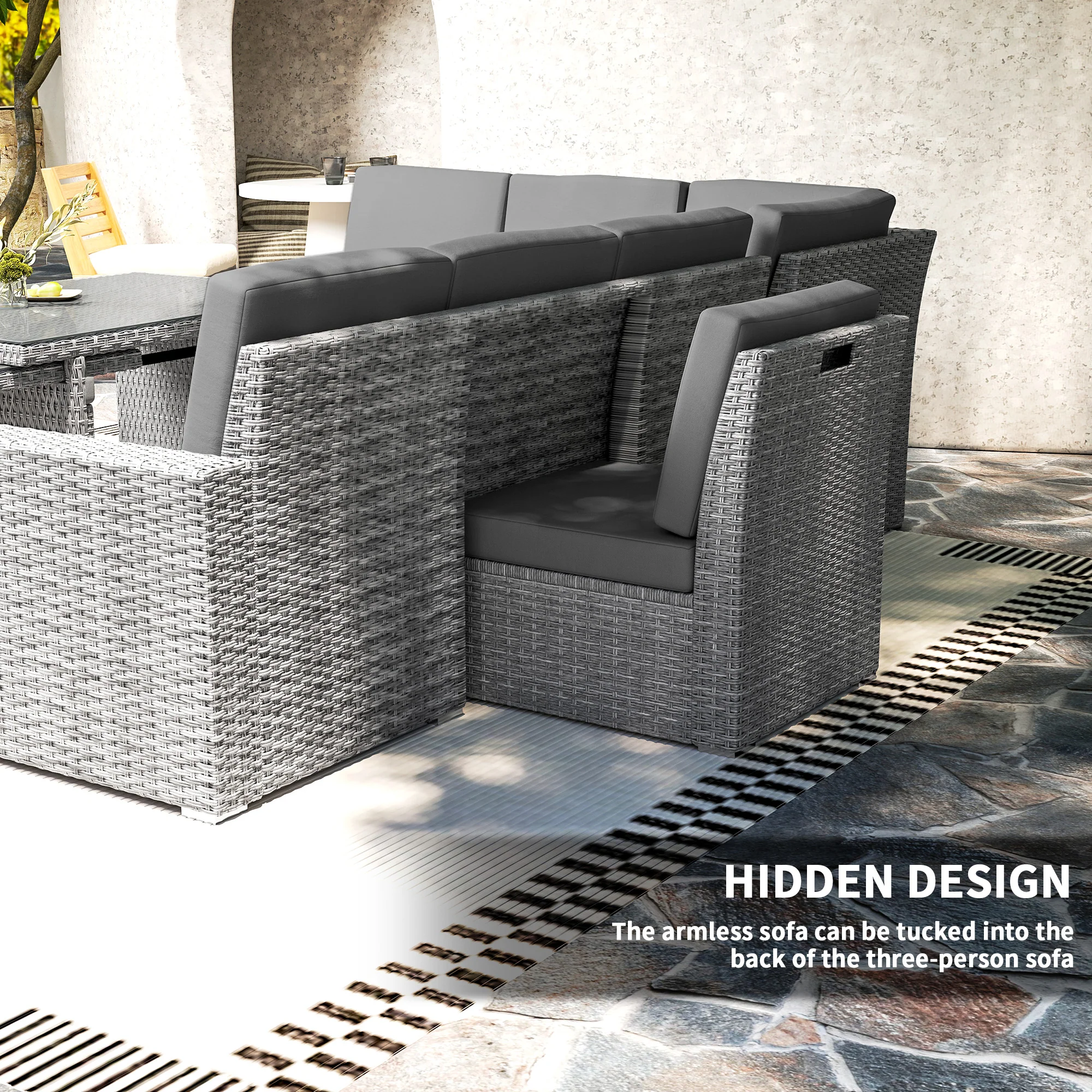 10 Seater Rattan Corner Sofa Set with Expandable Table and Nesting Chairs, Light Grey - Image 7