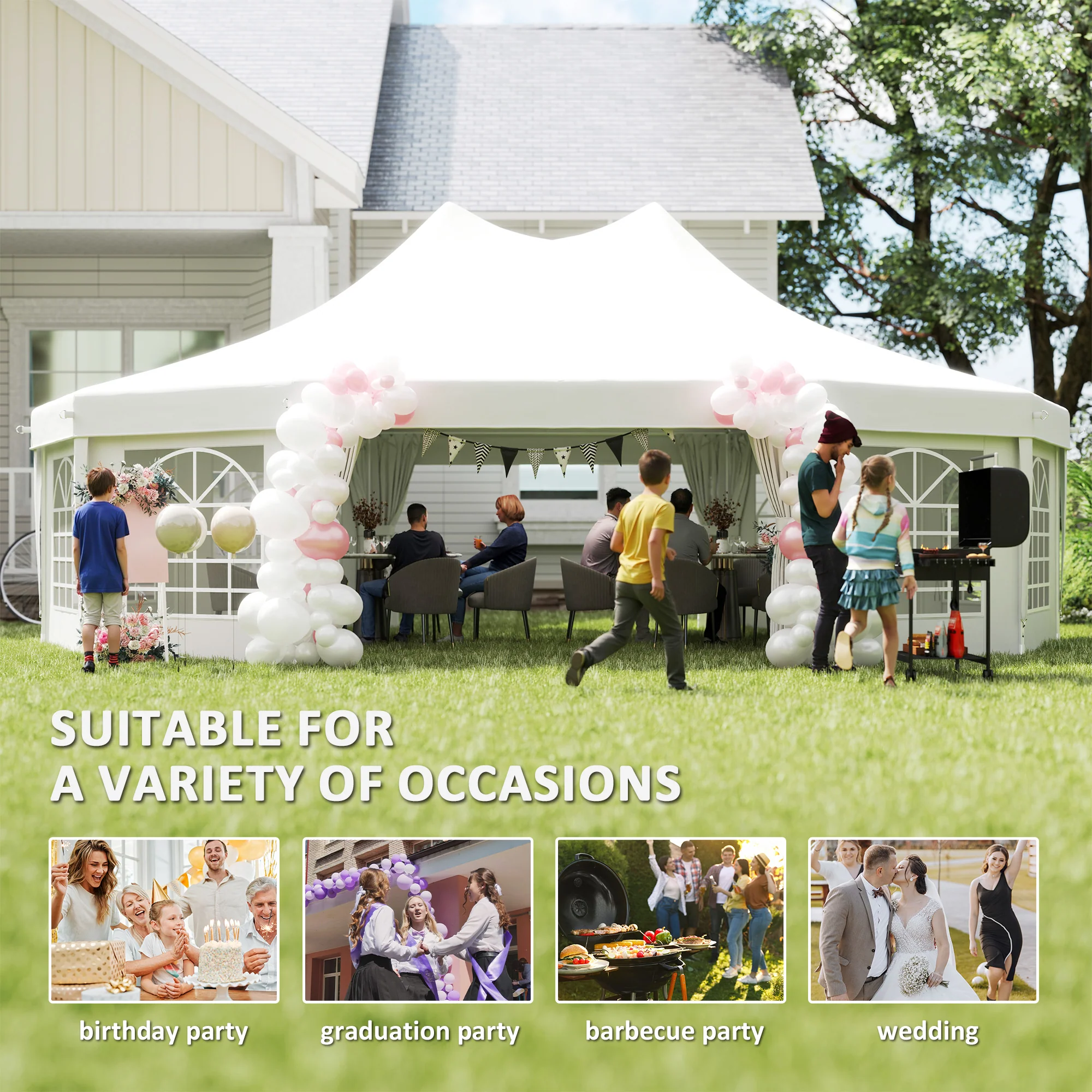 8.9 x 6.5m Decagonal Garden Gazebo Marquee with Sides, White - Image 9