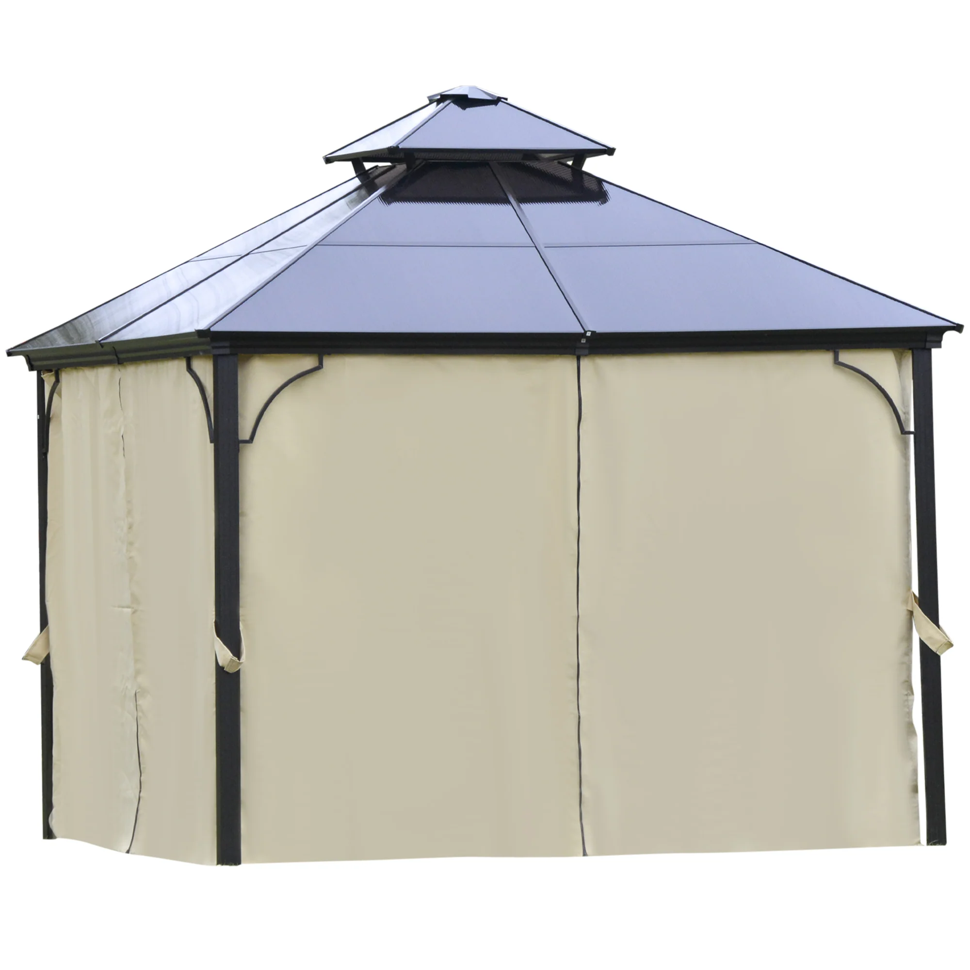 10' x 10' Hardtop Gazebo with Polycarbonate Roof & Netting, Beige - Image 2