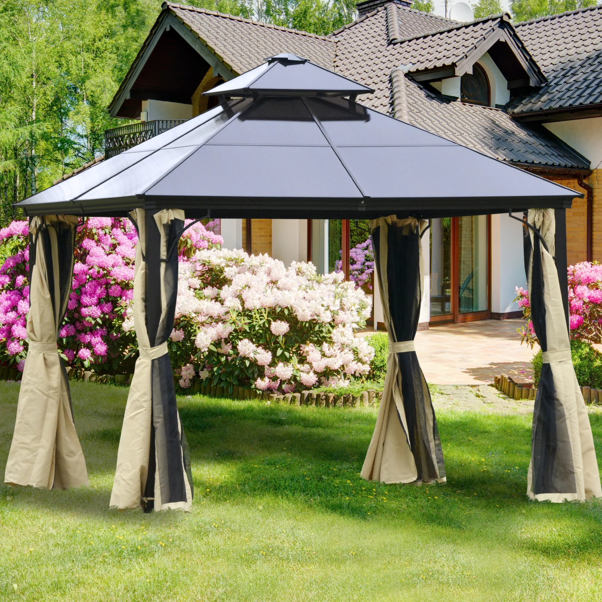 10' x 10' Hardtop Gazebo with Polycarbonate Roof & Netting, Beige - Image 4