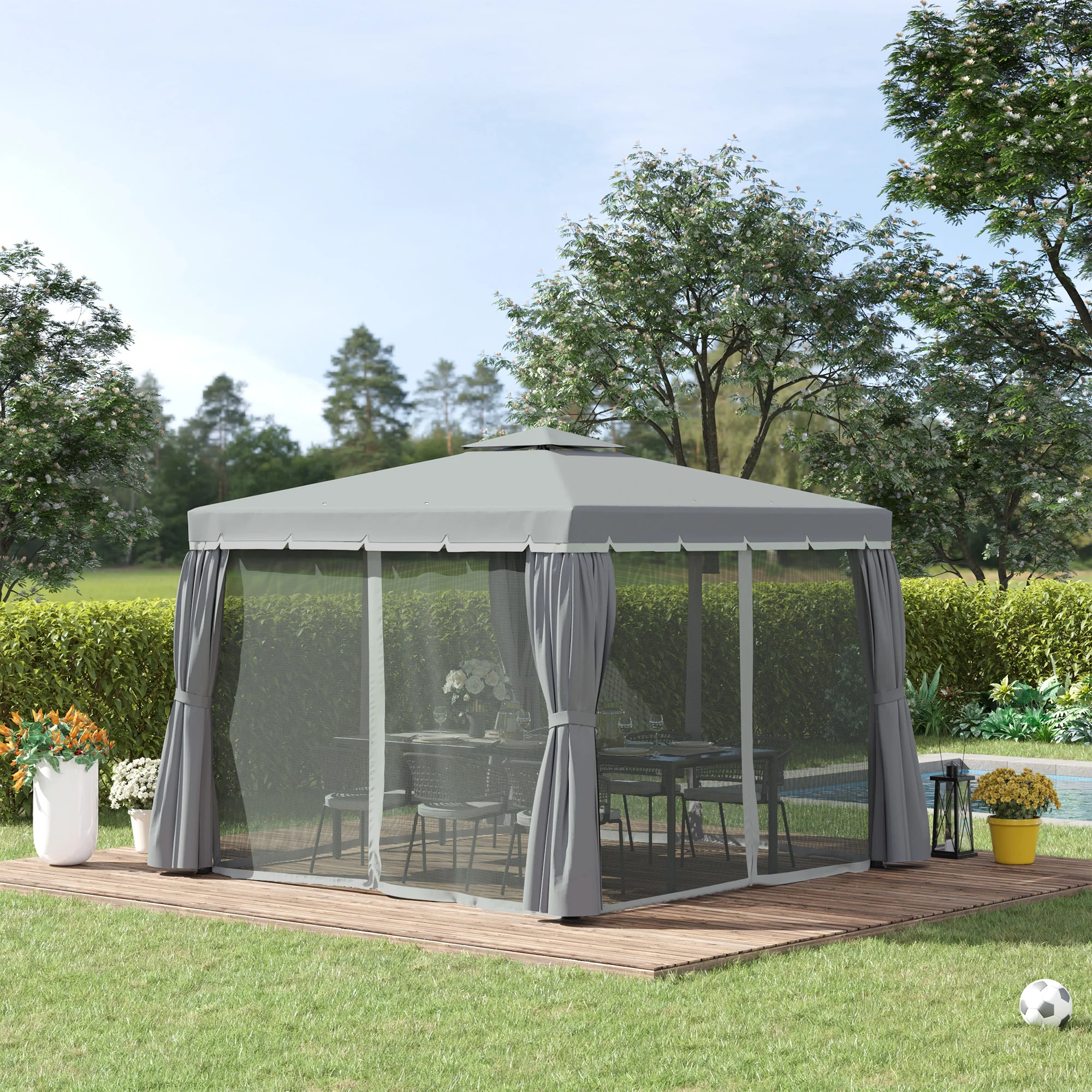 10' x 10' 2-Tier Gazebo with Zippered Mesh Walls & Aluminum Frame, Coffee - Image 3