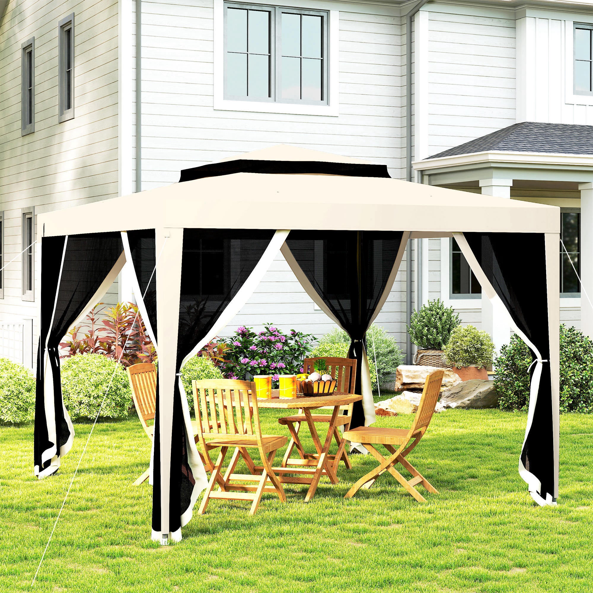 10' x 10' Canopy Tent with Mesh Netting and Double-Tier Roof, Beige - Image 3