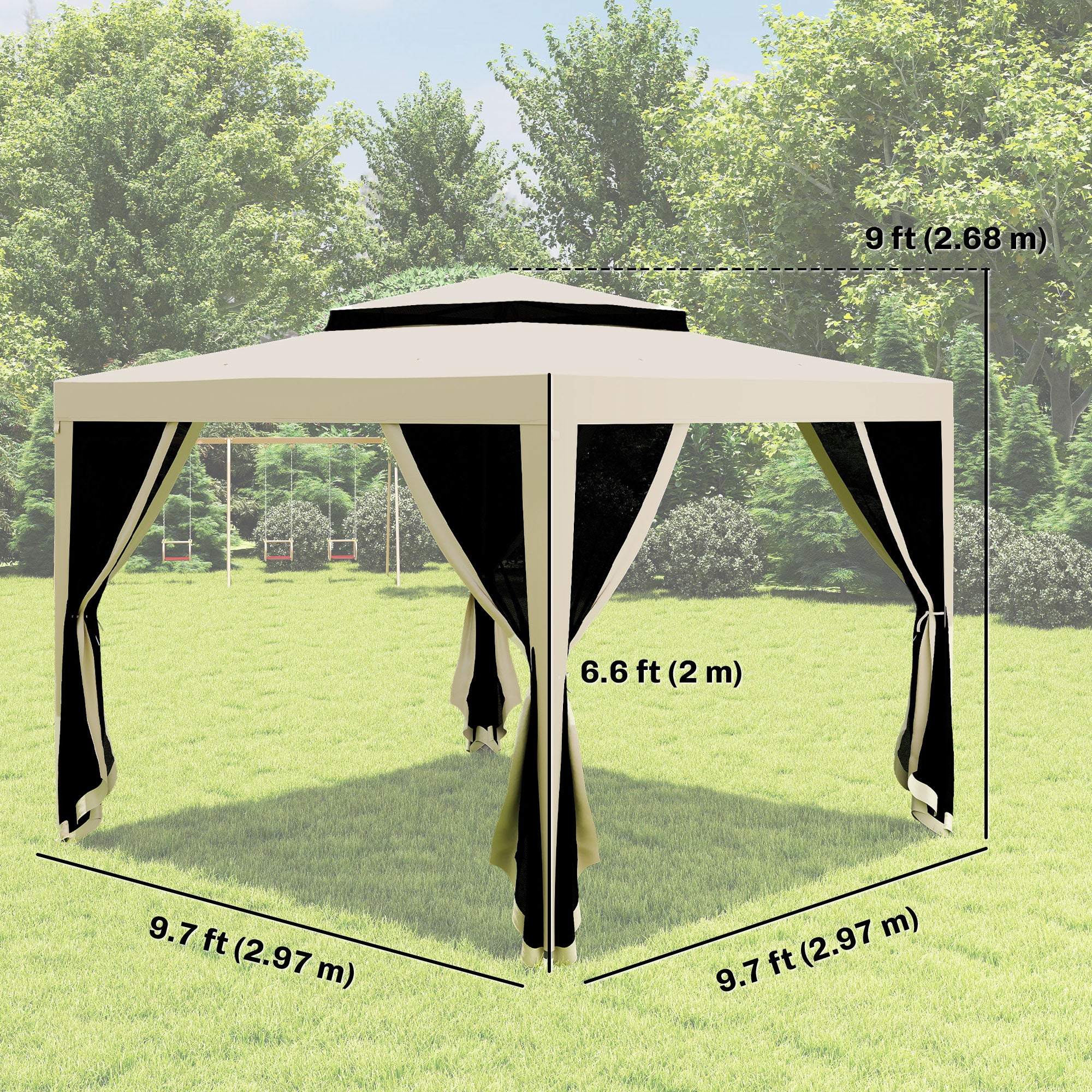 10' x 10' Canopy Tent with Mesh Netting and Double-Tier Roof, Beige - Image 5