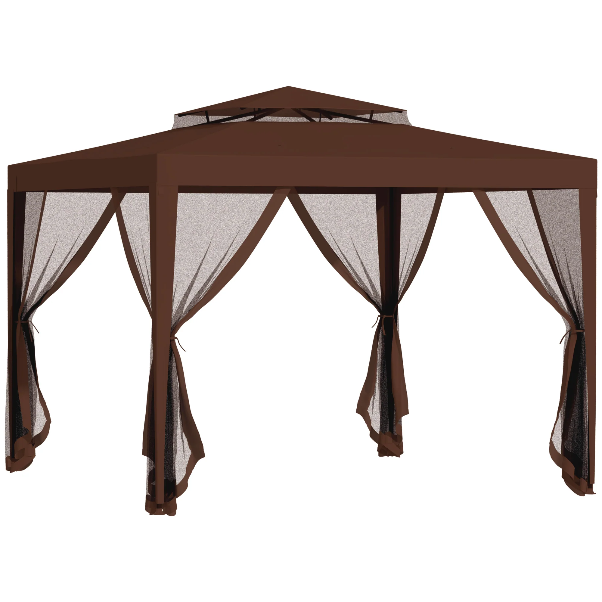 10' x 10' Canopy Tent with Mesh Netting and Double Tier Roof, Brown - Image 12