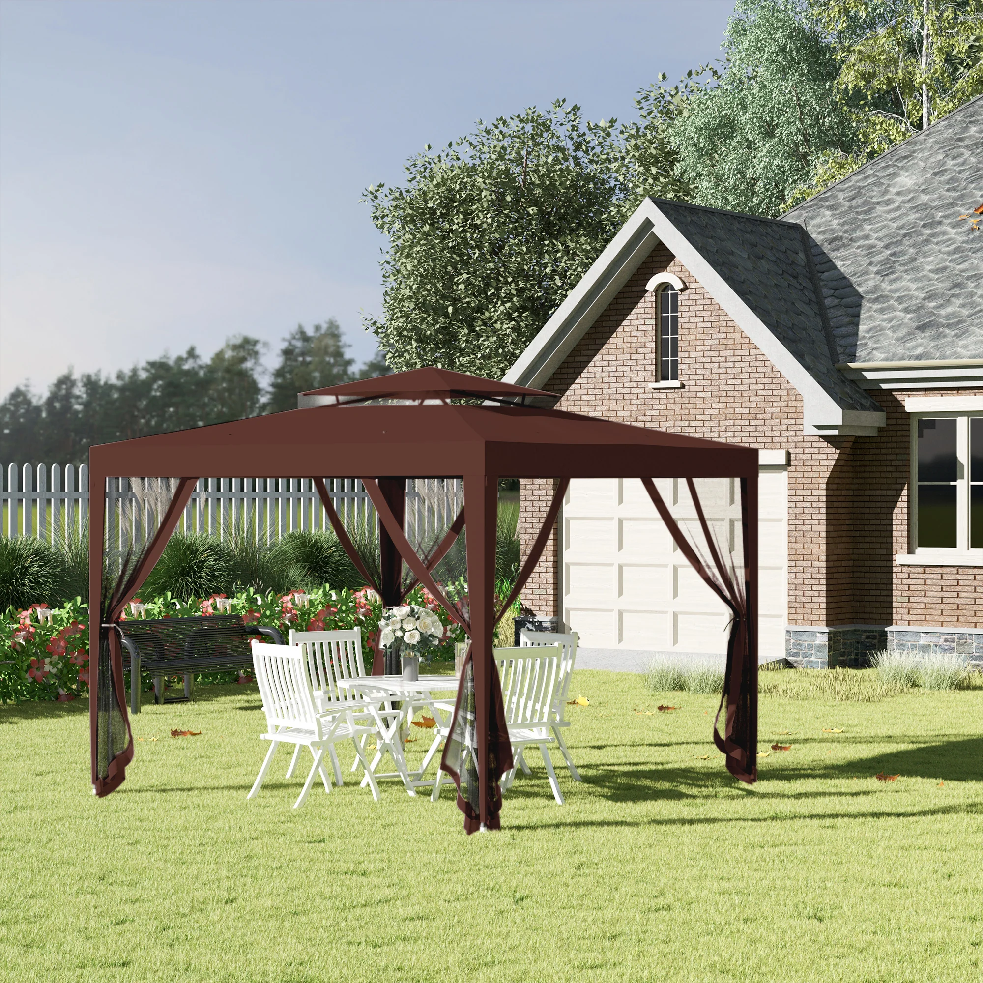 10' x 10' Canopy Tent with Mesh Netting and Double Tier Roof, Brown - Image 3