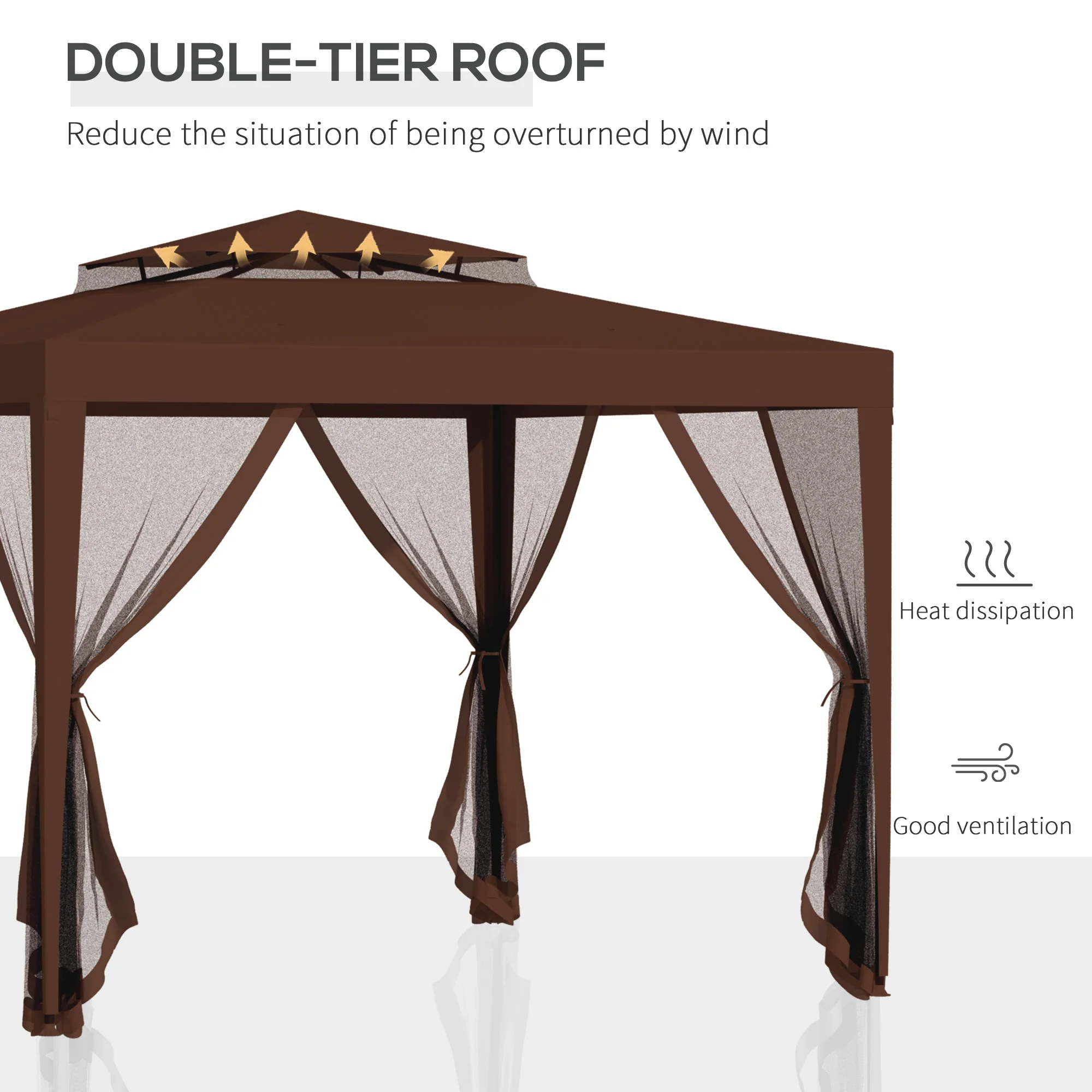 10' x 10' Canopy Tent with Mesh Netting and Double Tier Roof, Brown - Image 6