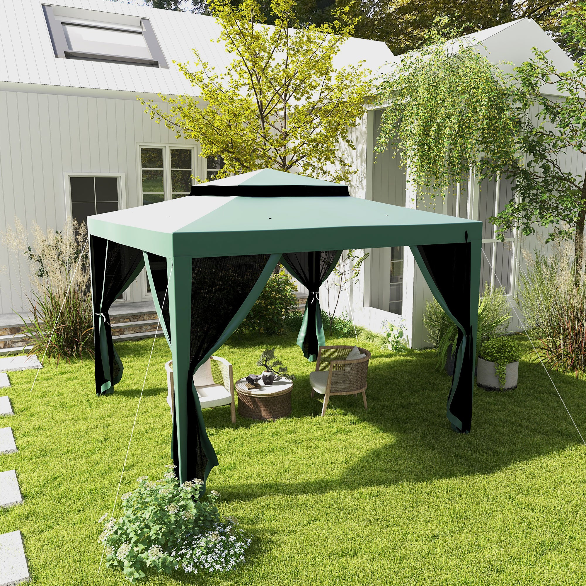10' x 10' Canopy Tent with Mesh Netting and Double Tier Roof, Green - Image 4