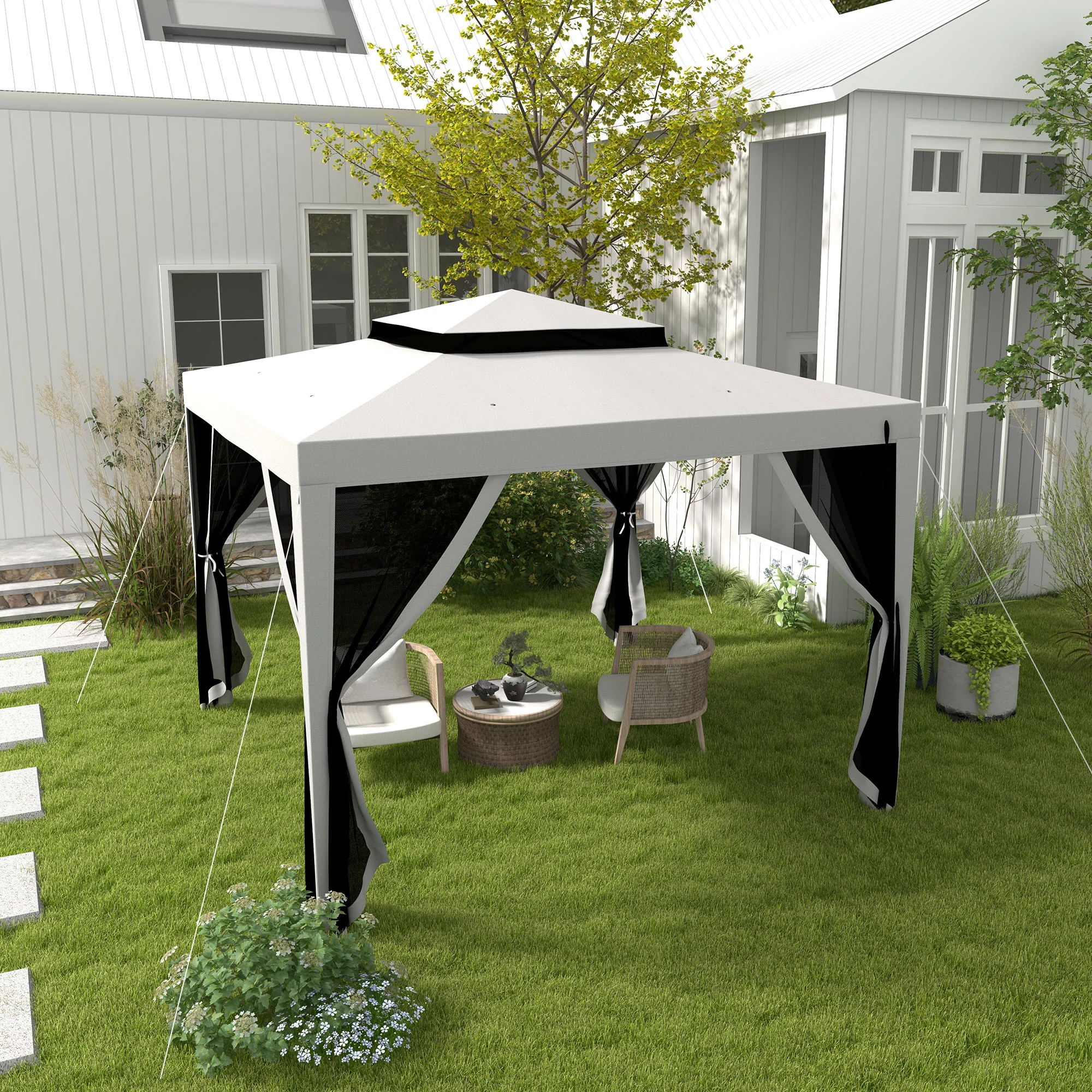 10' x 10' Canopy Tent with Mesh Netting and Double-Tier Roof, Grey - Image 3
