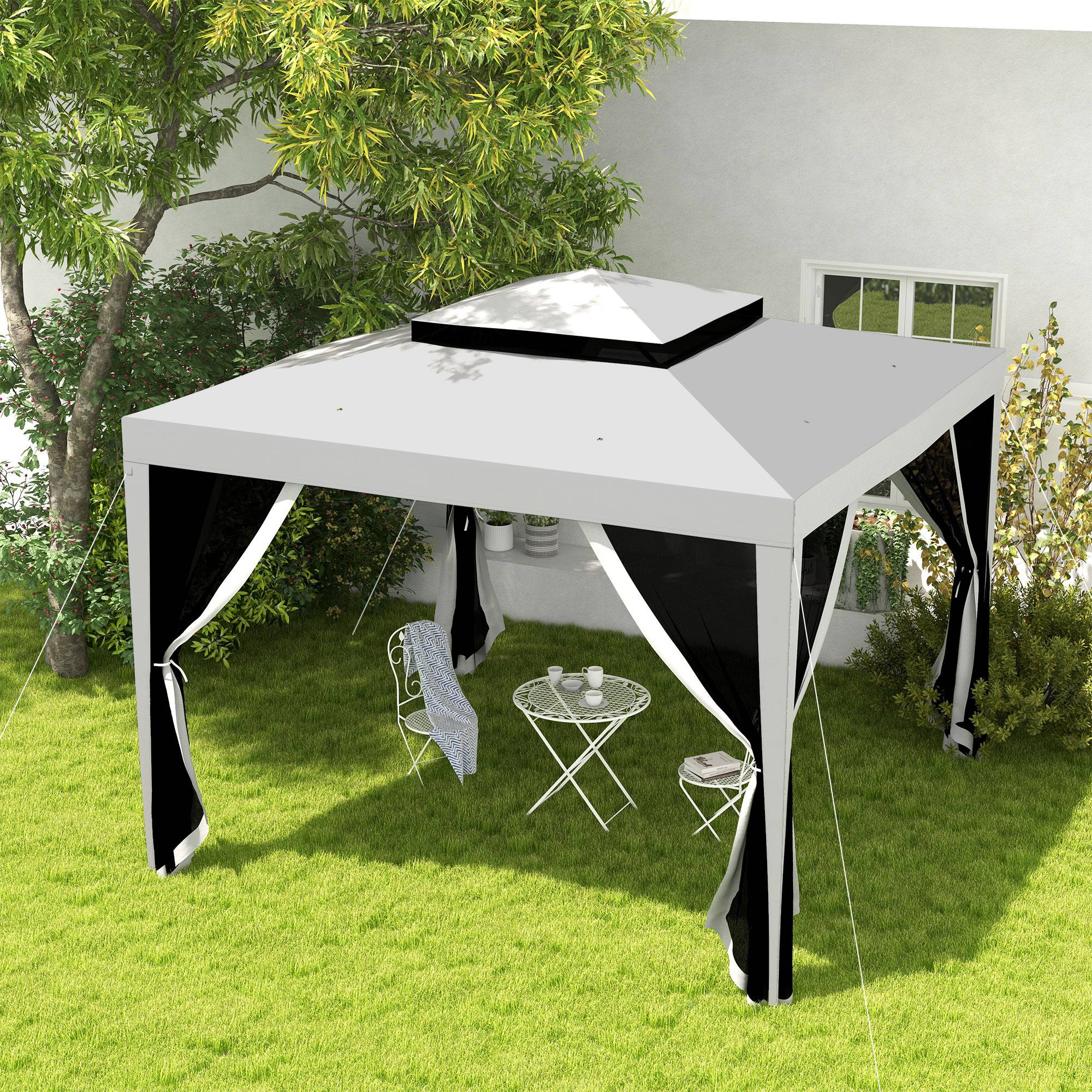 10' x 10' Canopy Tent with Mesh Netting and Double-Tier Roof, Grey - Image 4