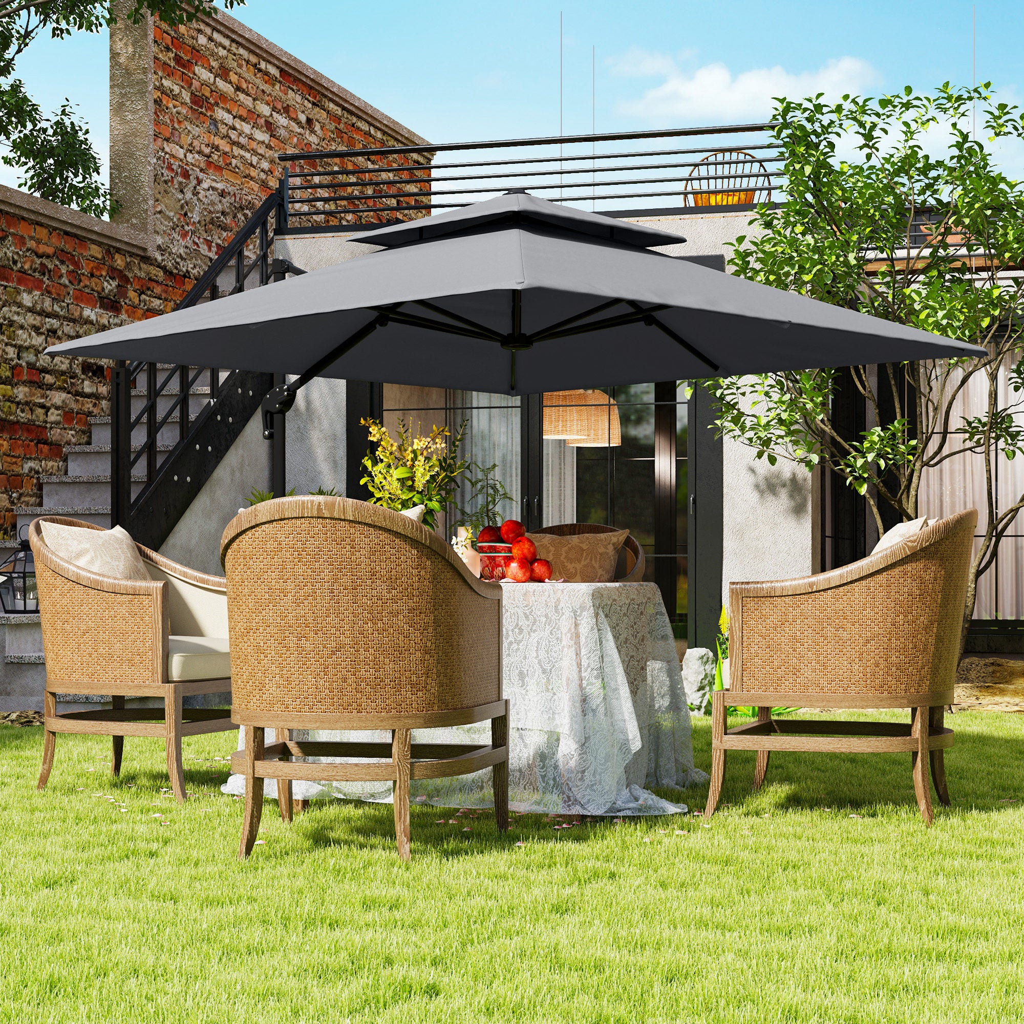 10' x 10' Double Top Square Offset Umbrella with Umbrella Cover, Light Grey - Image 3