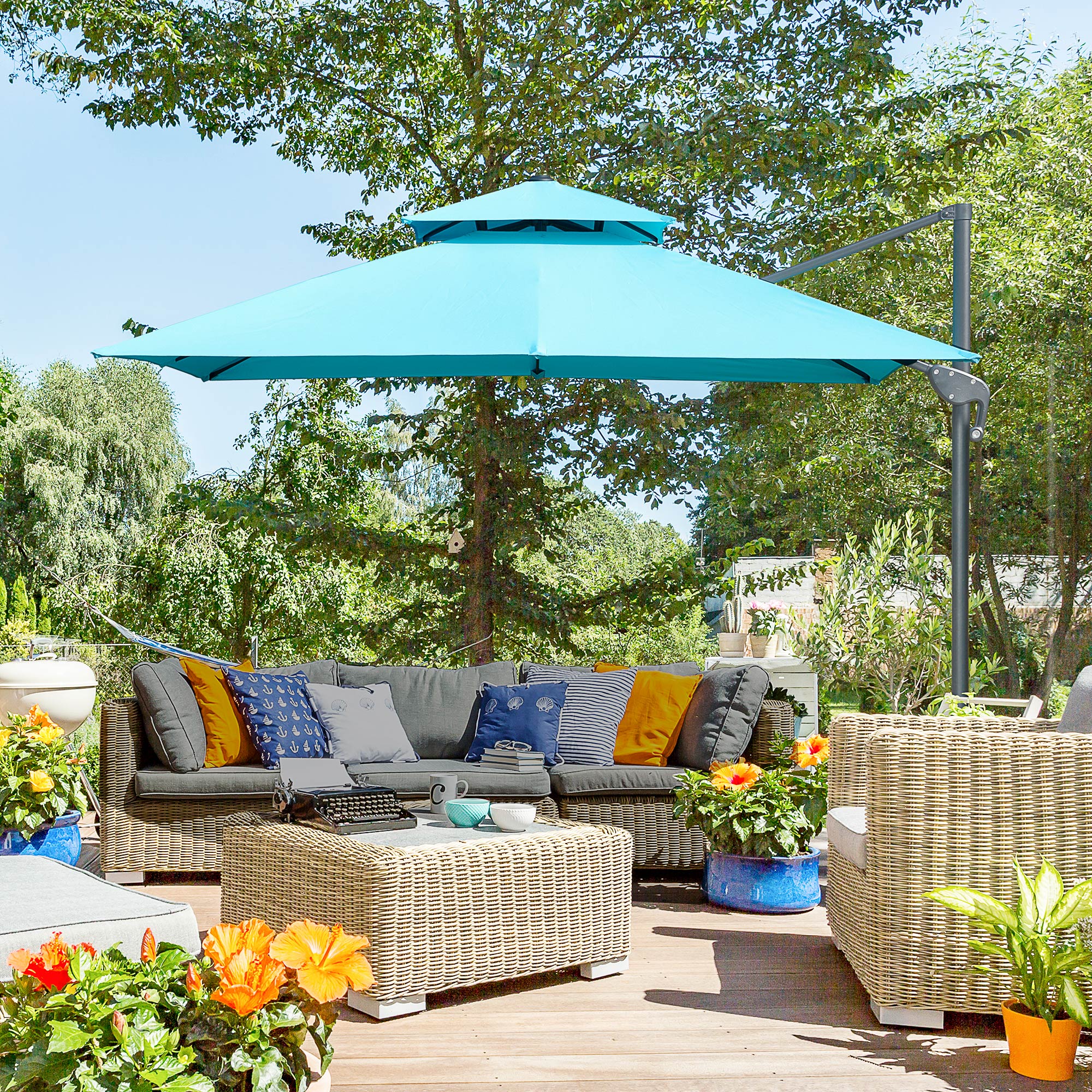 10' x 10' Double Top Square Offset Umbrella with Umbrella Cover, Light Blue - Image 4