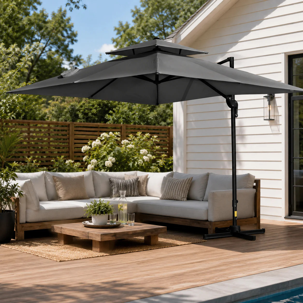 10' x 10' Double Top Square Offset Umbrella with Umbrella Cover, Charcoal Grey - Image 3