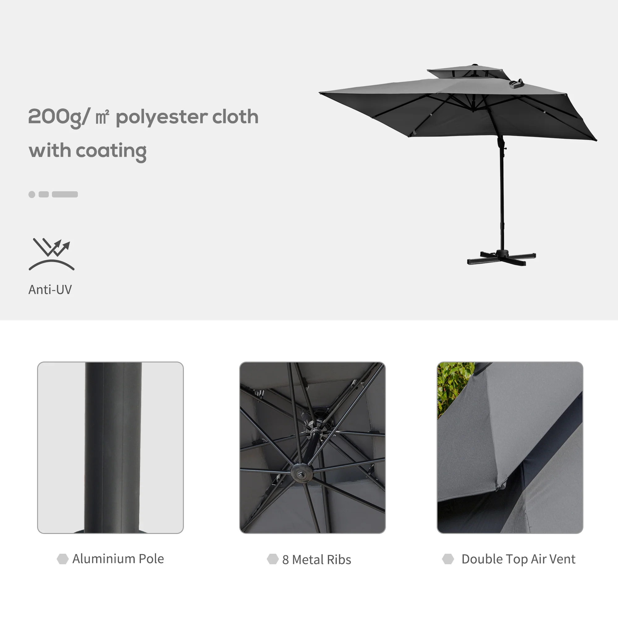 10' x 10' Double Top Square Offset Umbrella with Umbrella Cover, Charcoal Grey - Image 8