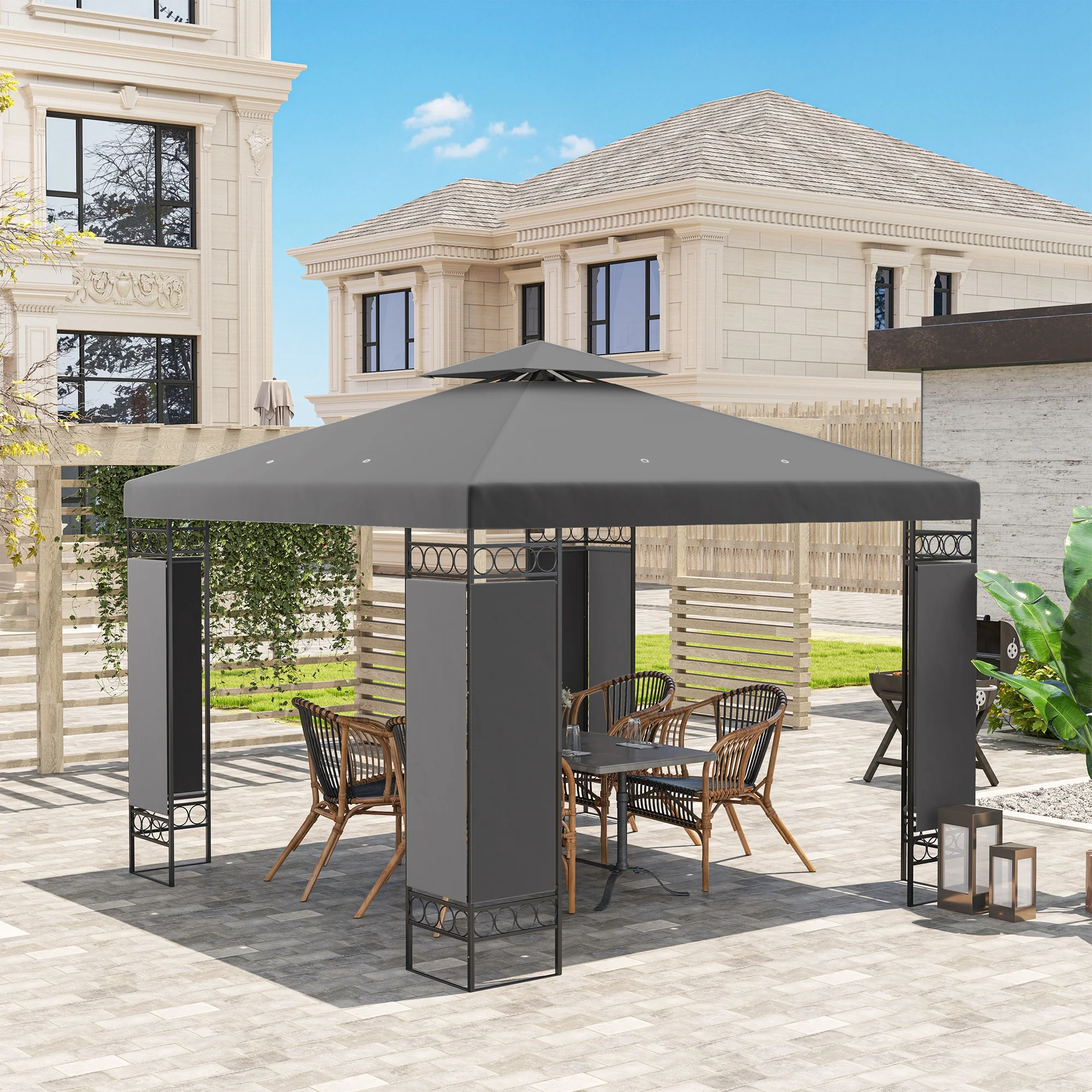10 x 10 ft Canopy Gazebo with Double Roof and Mesh Screen Panels, Dark Grey - Image 11