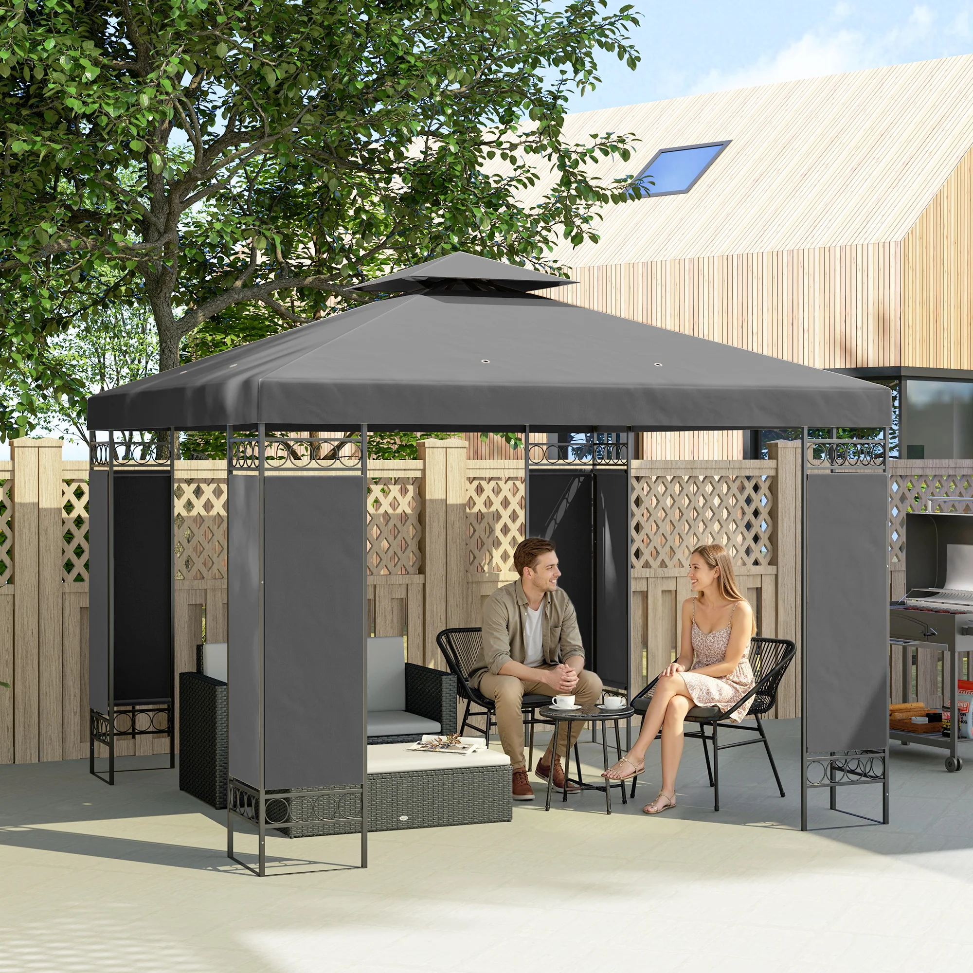10 x 10 ft Canopy Gazebo with Double Roof and Mesh Screen Panels, Dark Grey - Image 3