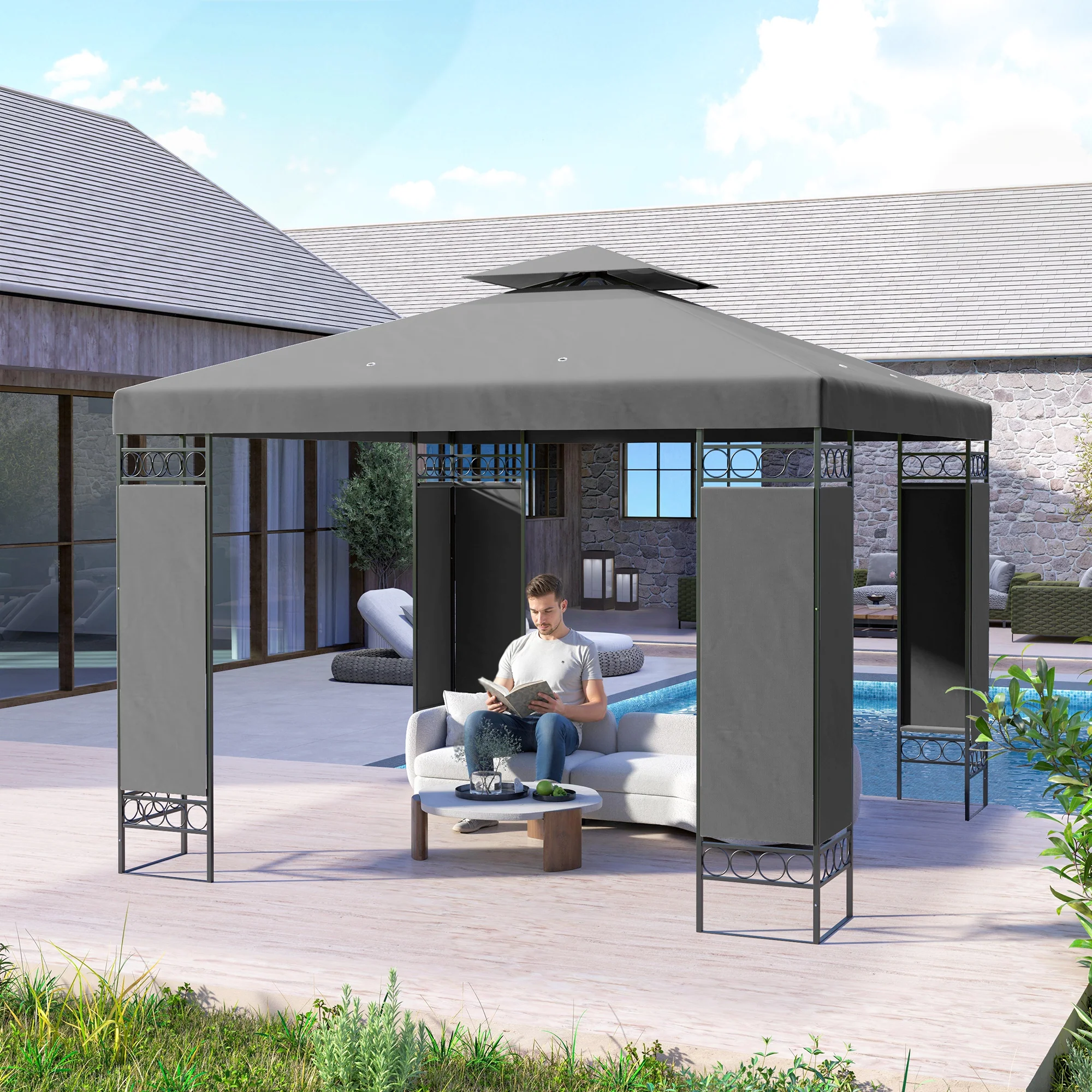 10 x 10 ft Canopy Gazebo with Double Roof and Mesh Screen Panels, Dark Grey - Image 4