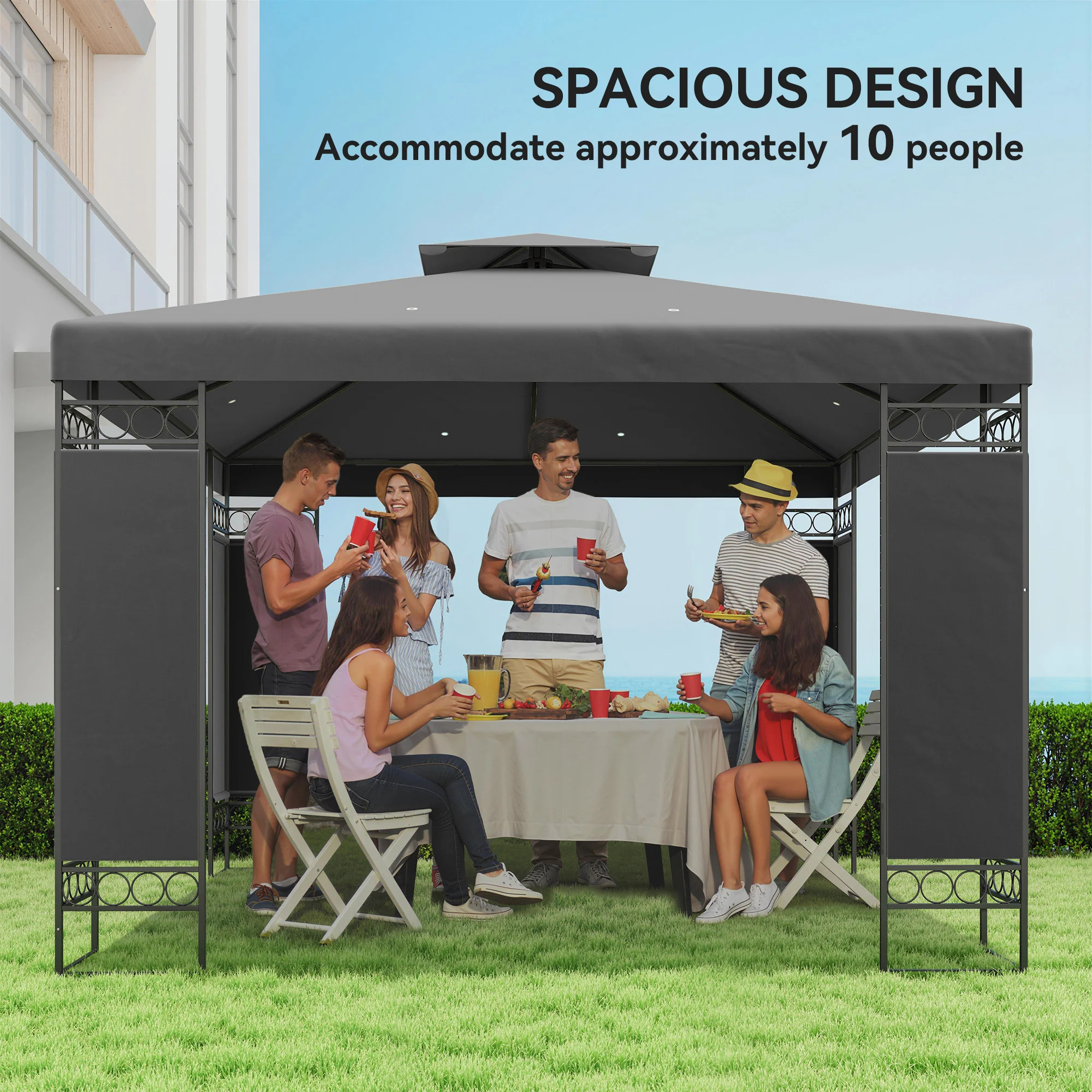 10 x 10 ft Canopy Gazebo with Double Roof and Mesh Screen Panels, Dark Grey - Image 8