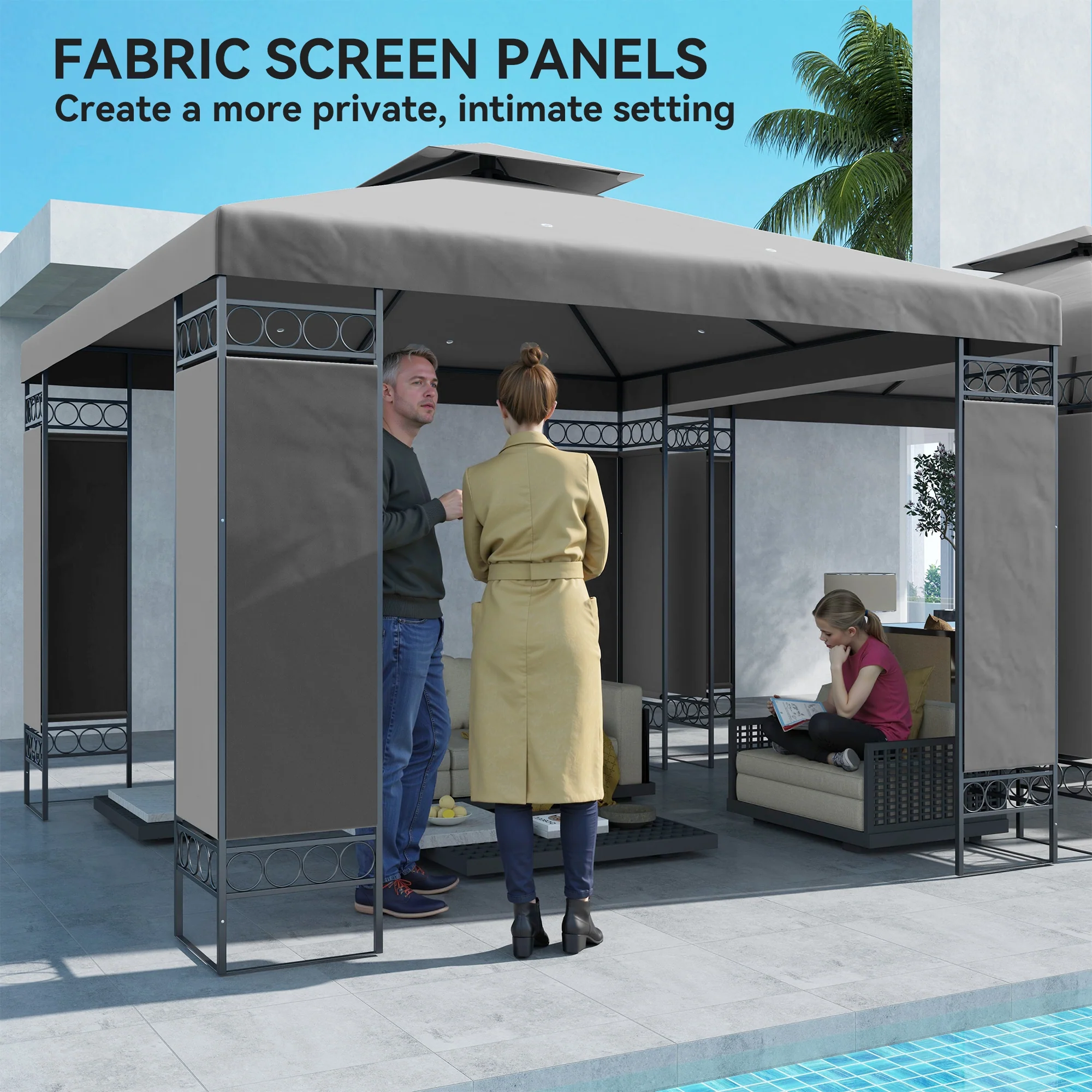 10 x 10 ft Canopy Gazebo with Double Roof and Mesh Screen Panels, Dark Grey - Image 9