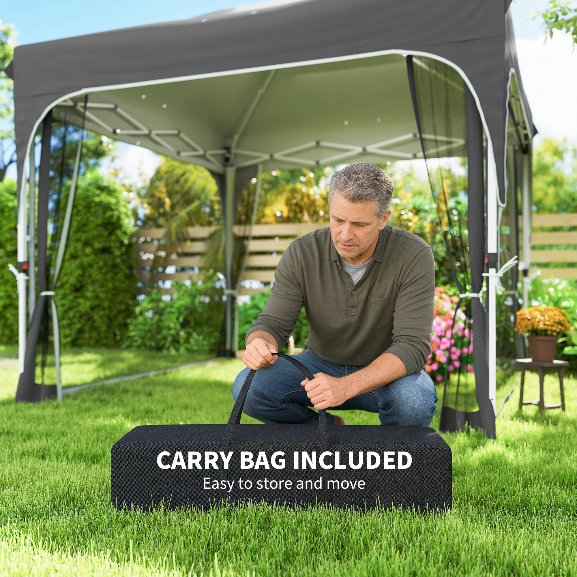 10 x 10 ft Pop Up Canopy Tent with Mosquito Netting and Sandbags, Dark Grey - Image 11